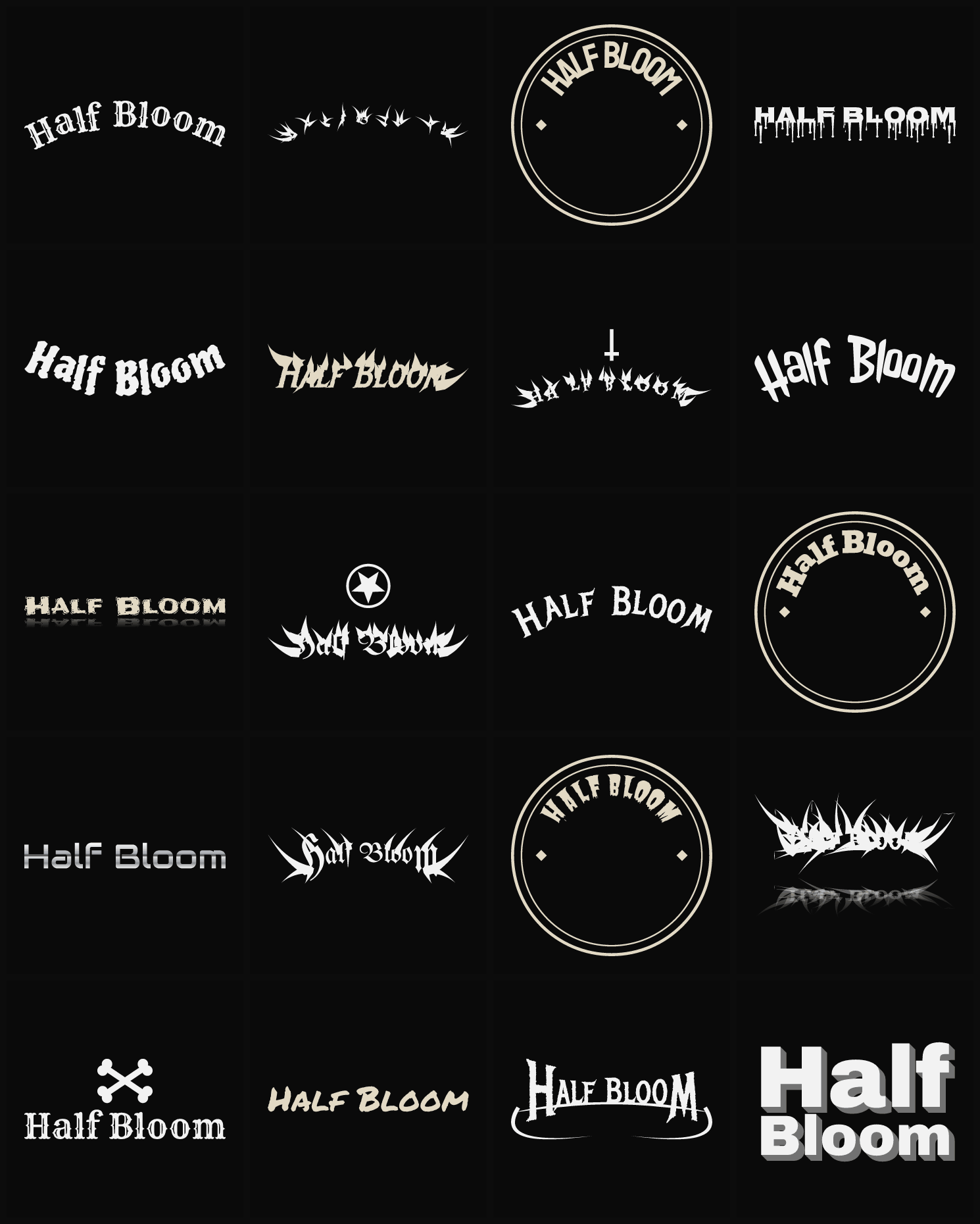 Twenty Half Bloom band logo ideas — different faces, treatments and spike settings