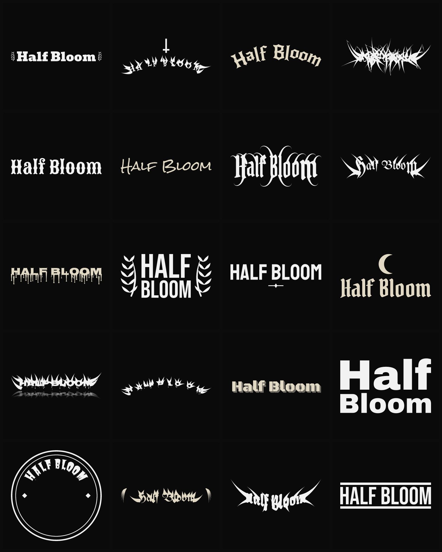 Twenty Half Bloom band logo ideas — different faces, treatments and spike settings