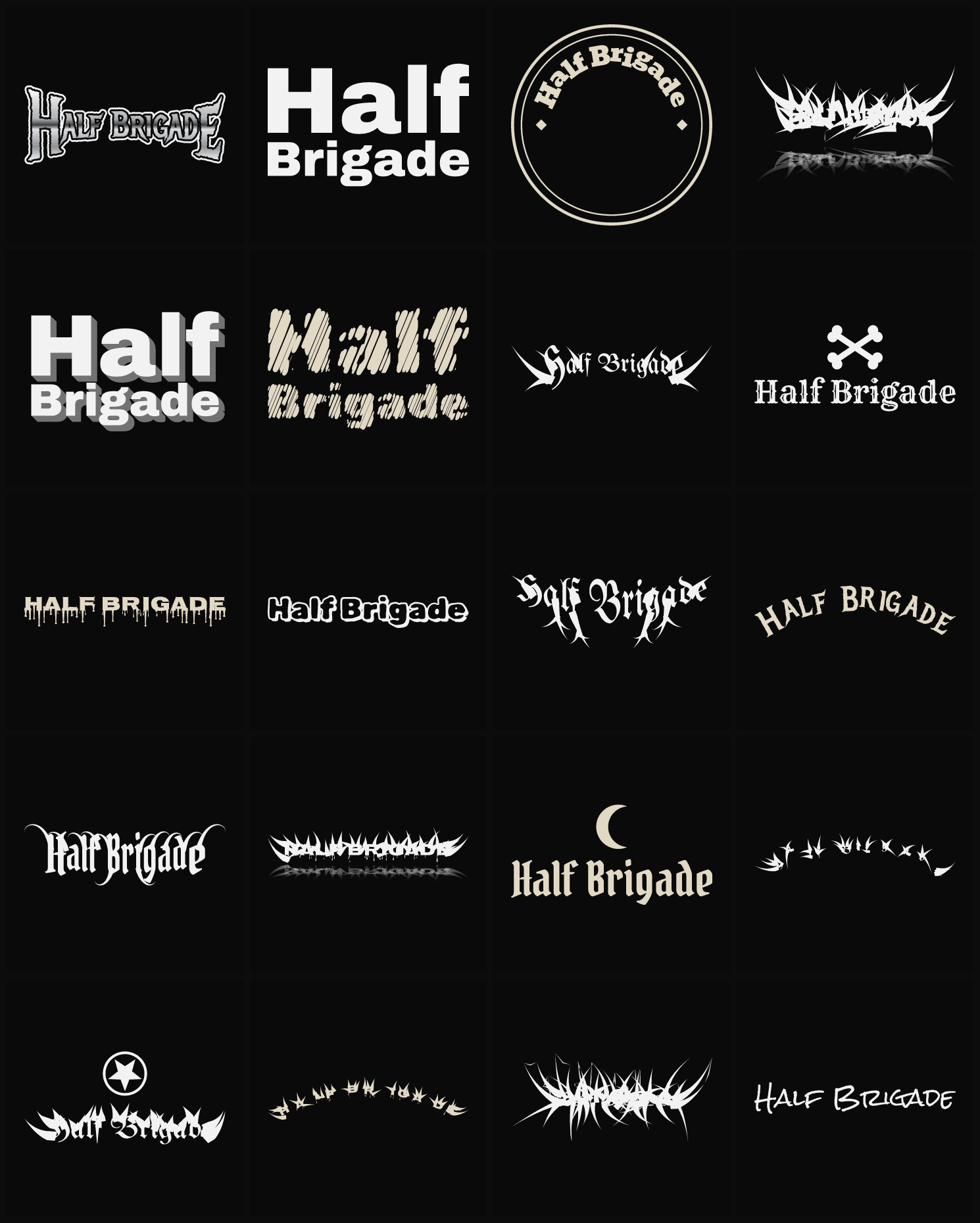 Twenty Half Brigade band logo ideas — different faces, treatments and spike settings