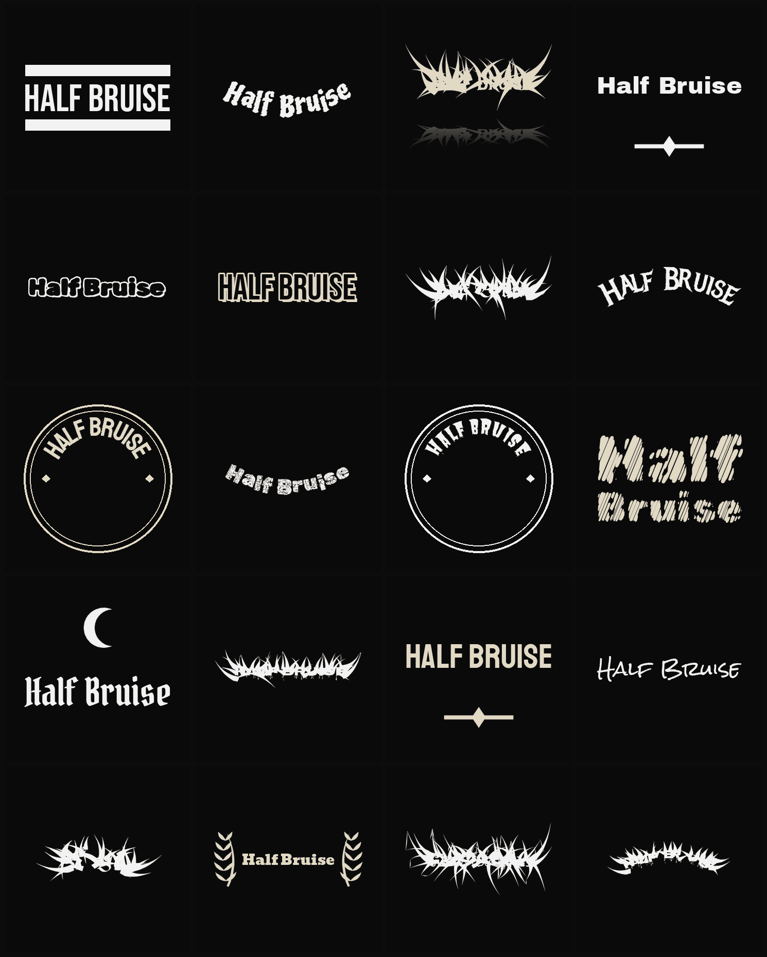 Twenty Half Bruise band logo ideas — different faces, treatments and spike settings