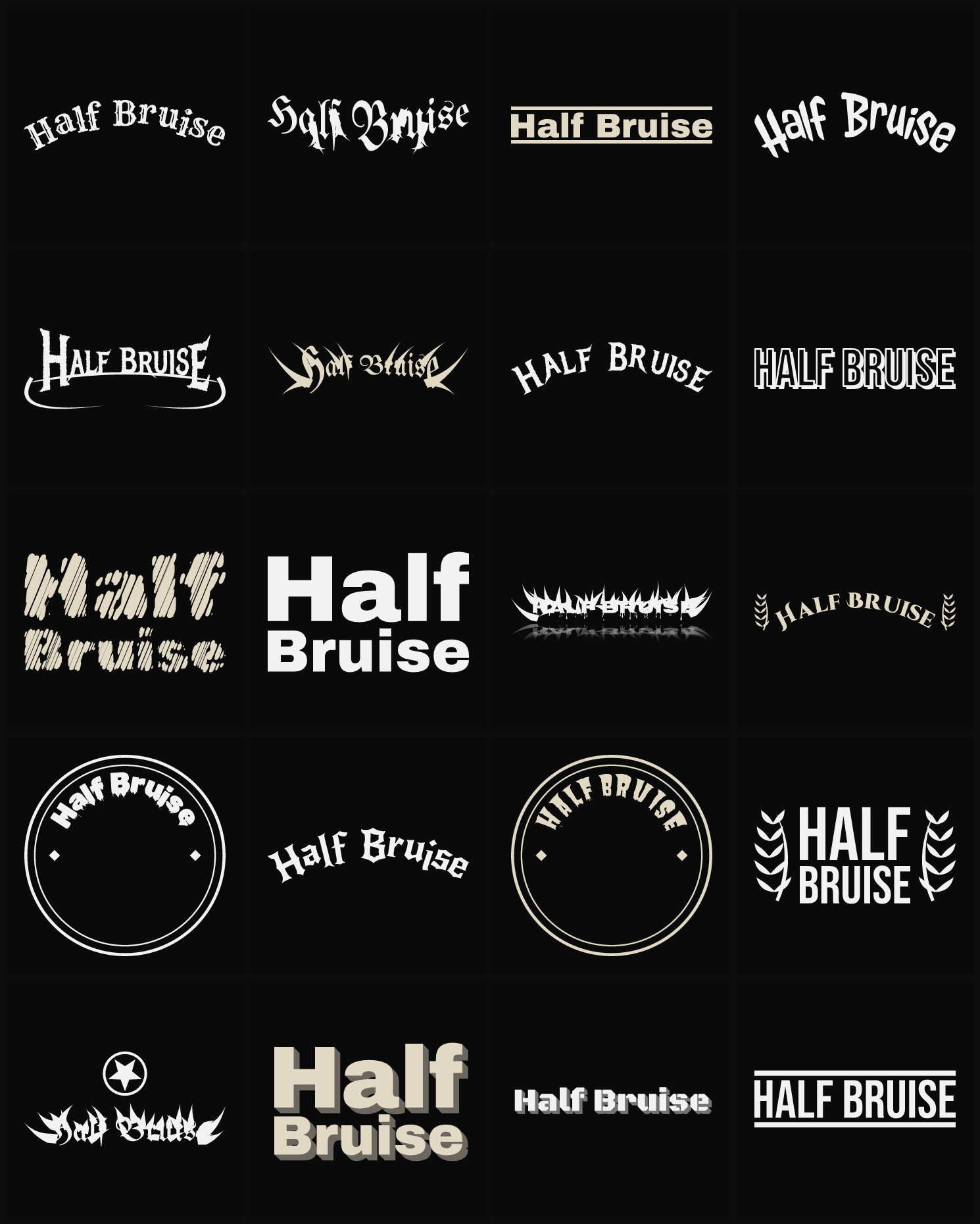 Twenty Half Bruise band logo ideas — different faces, treatments and spike settings