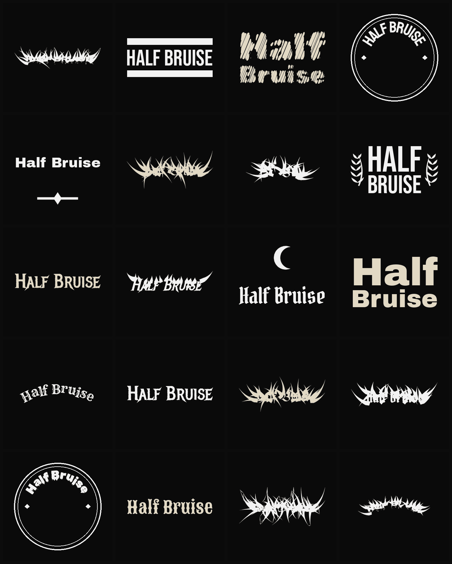 Twenty Half Bruise band logo ideas — different faces, treatments and spike settings