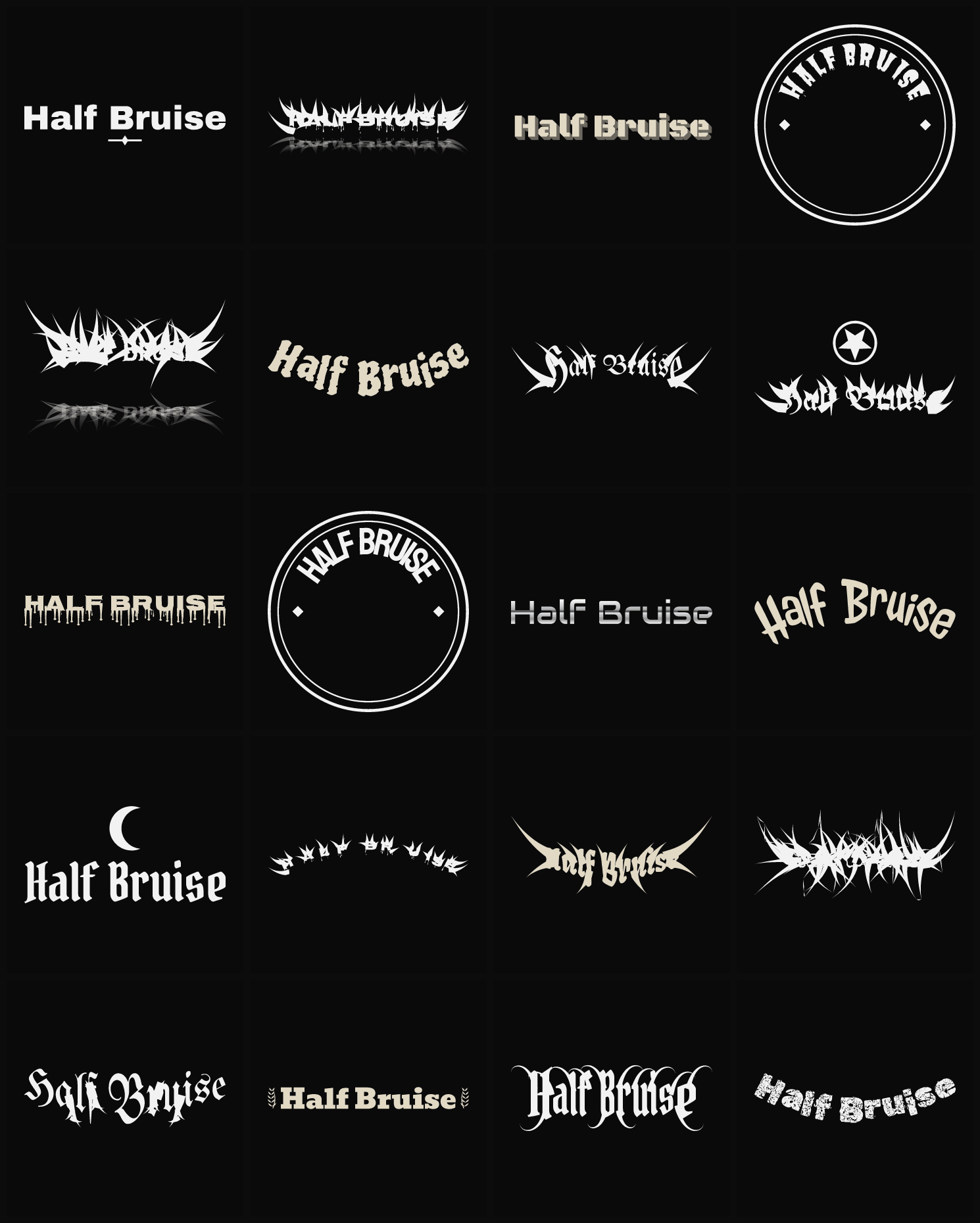 Twenty Half Bruise band logo ideas — different faces, treatments and spike settings