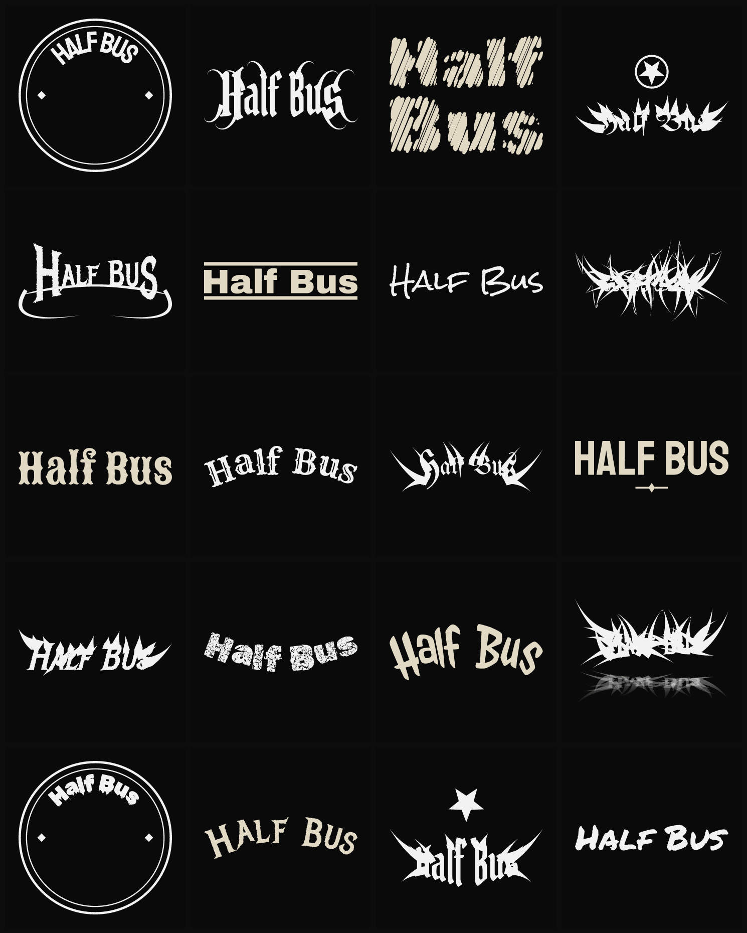Twenty Half Bus band logo ideas — different faces, treatments and spike settings