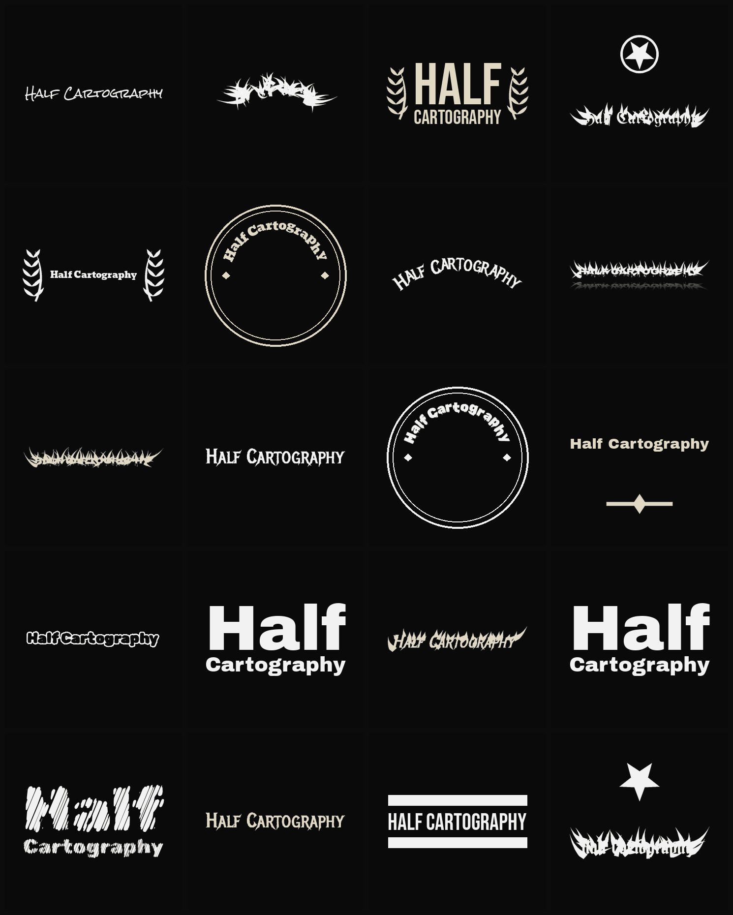 Twenty Half Cartography band logo ideas — different faces, treatments and spike settings