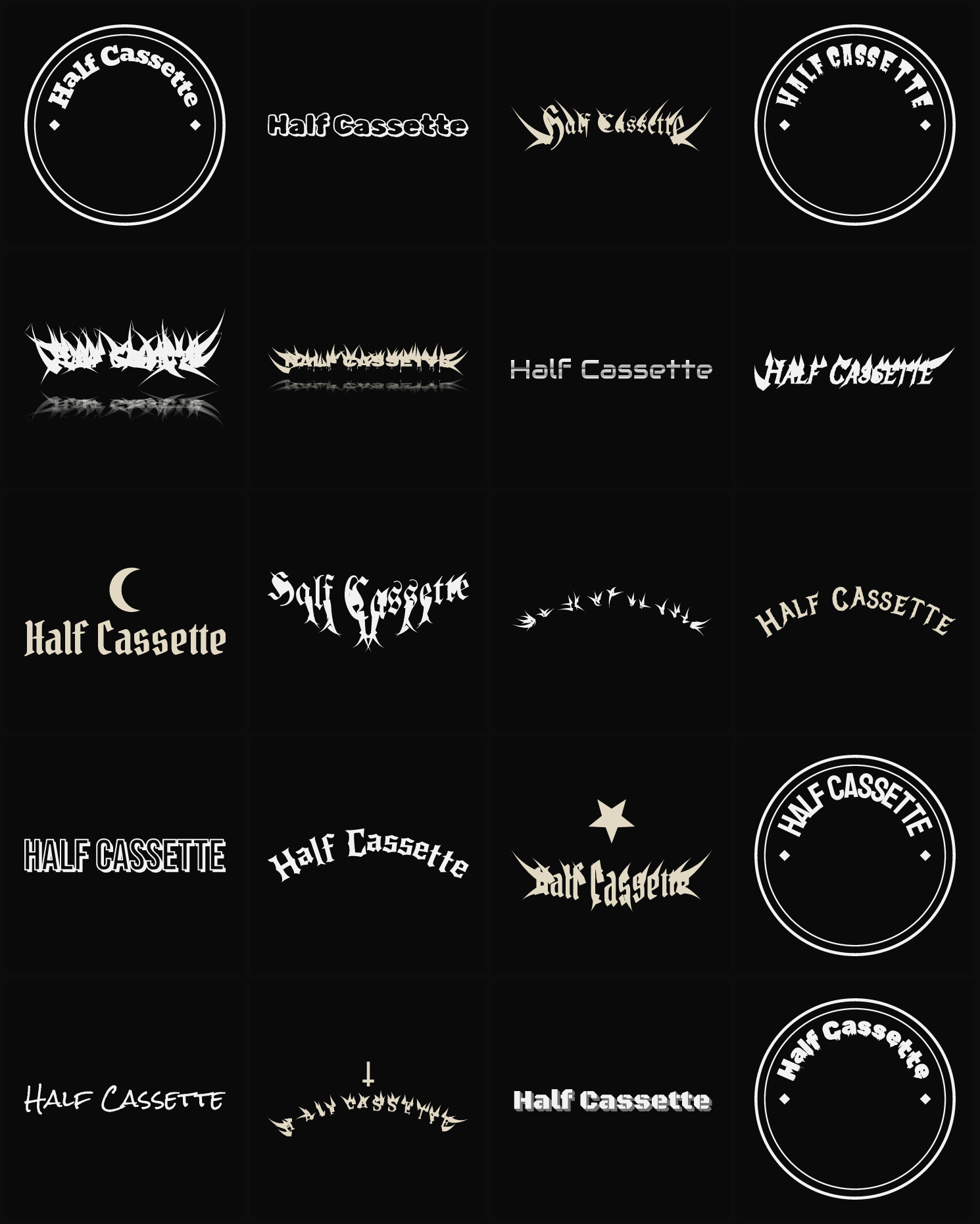 Twenty Half Cassette band logo ideas — different faces, treatments and spike settings