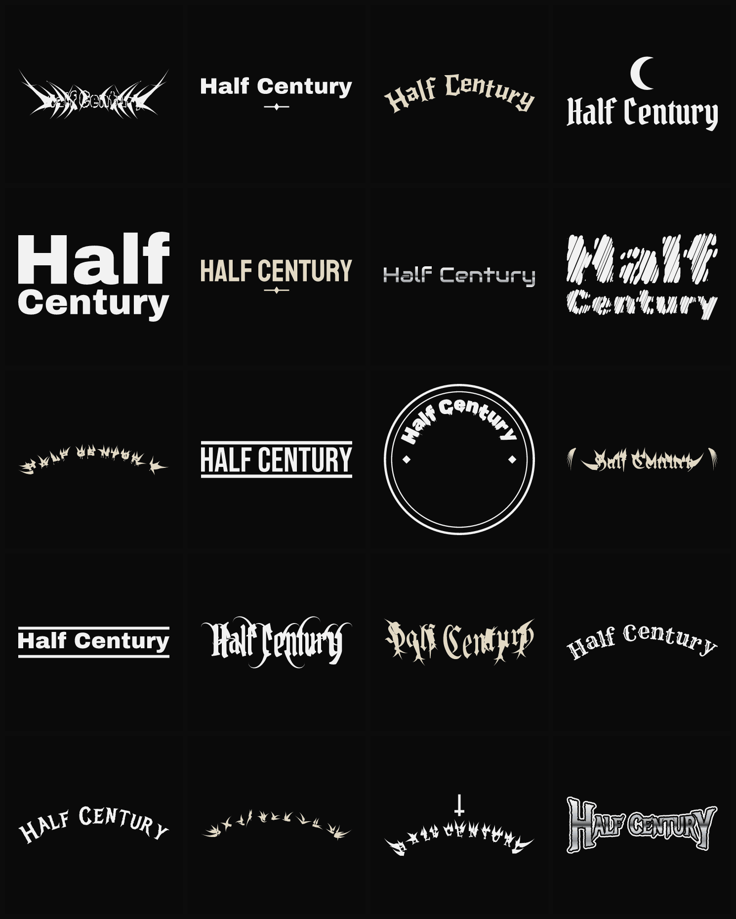 Twenty Half Century band logo ideas — different faces, treatments and spike settings