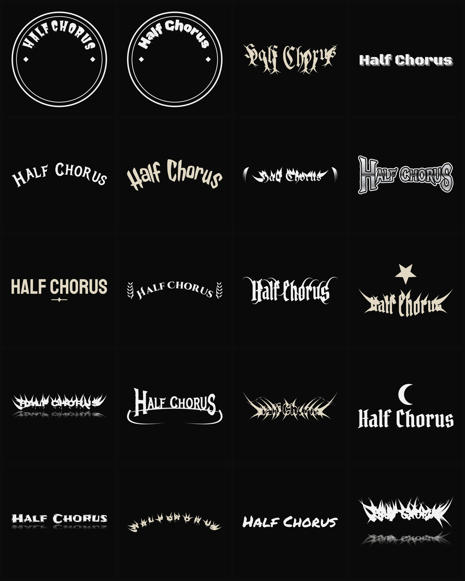 Twenty Half Chorus band logo ideas — different faces, treatments and spike settings