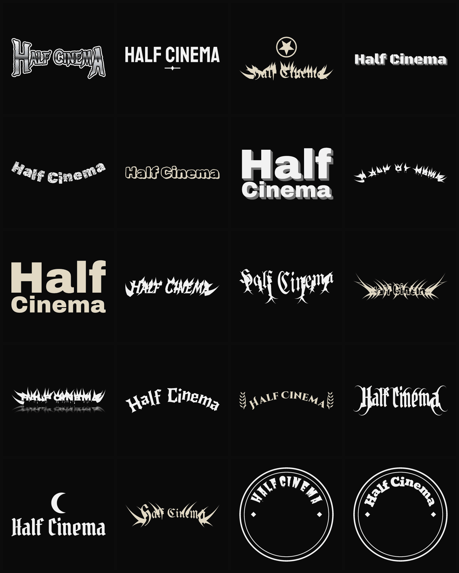 Twenty Half Cinema band logo ideas — different faces, treatments and spike settings
