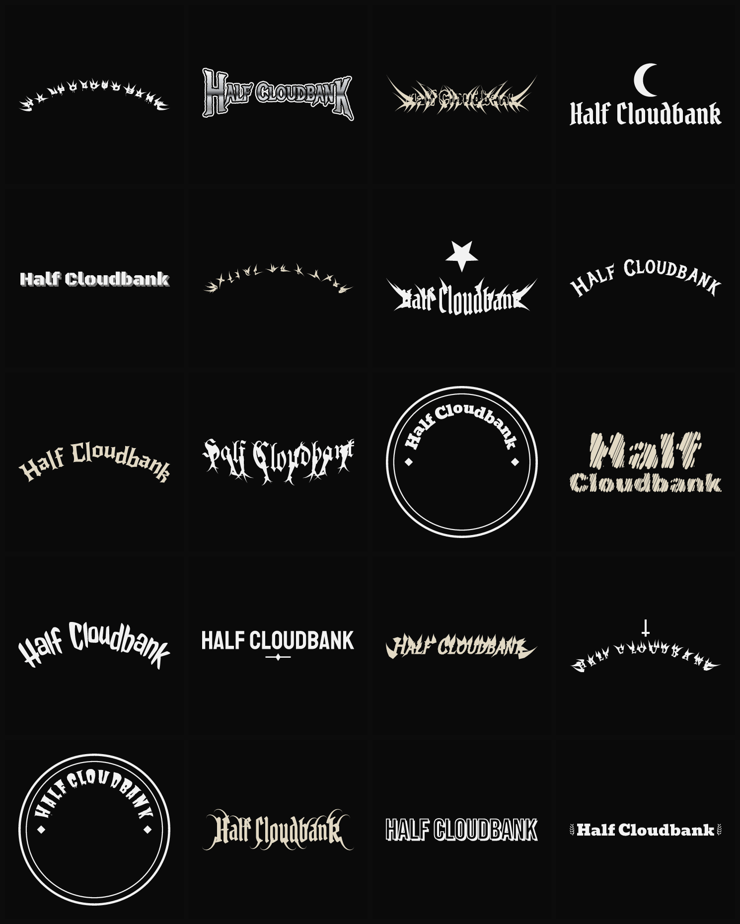 Twenty Half Cloudbank band logo ideas — different faces, treatments and spike settings