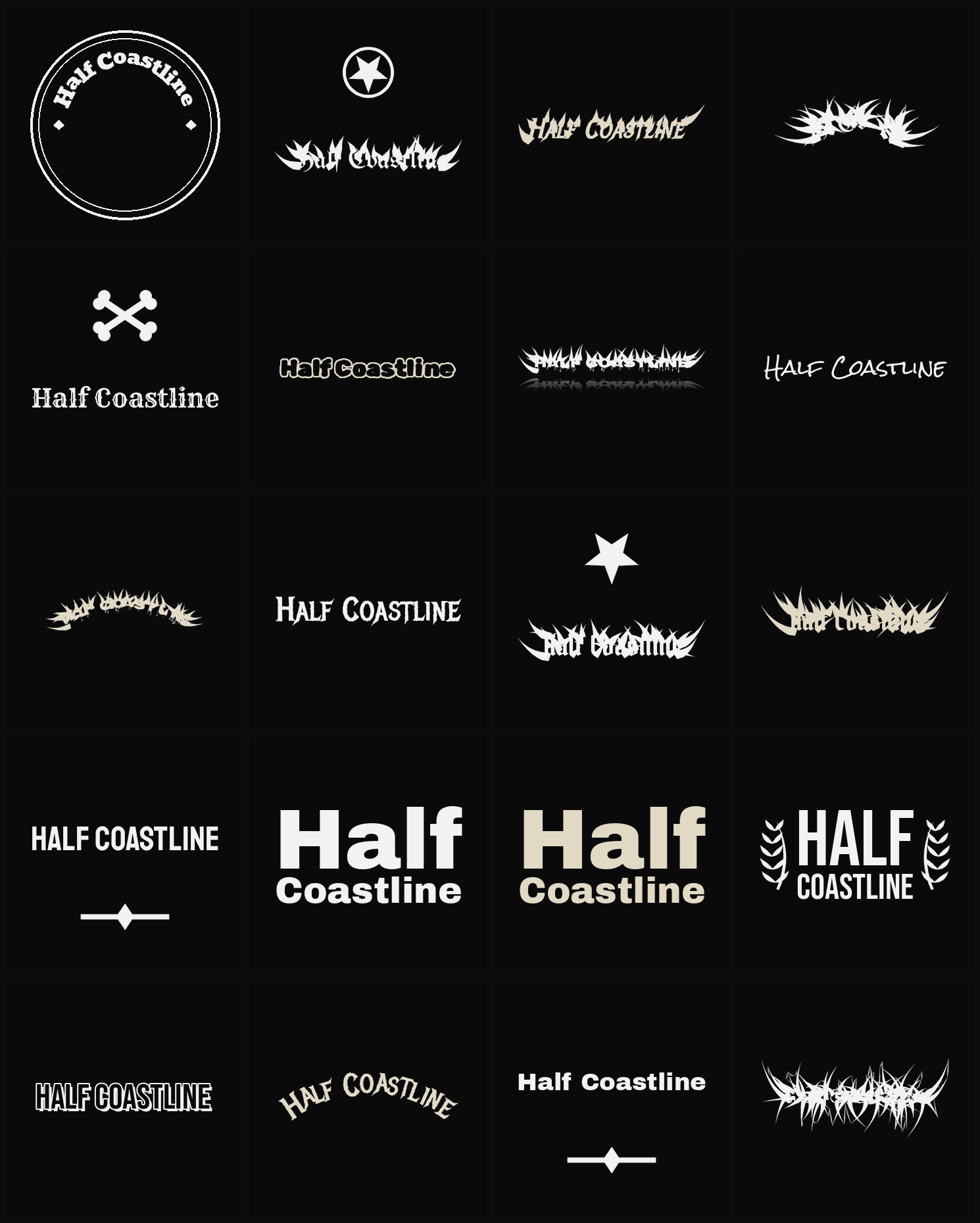 Twenty Half Coastline band logo ideas — different faces, treatments and spike settings