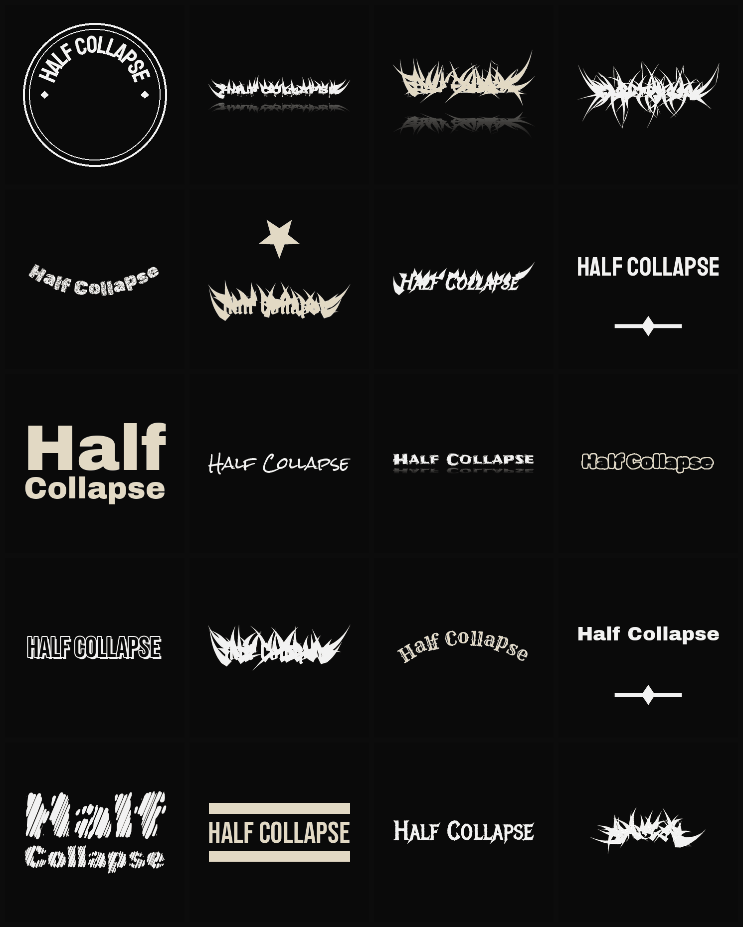 Twenty Half Collapse band logo ideas — different faces, treatments and spike settings