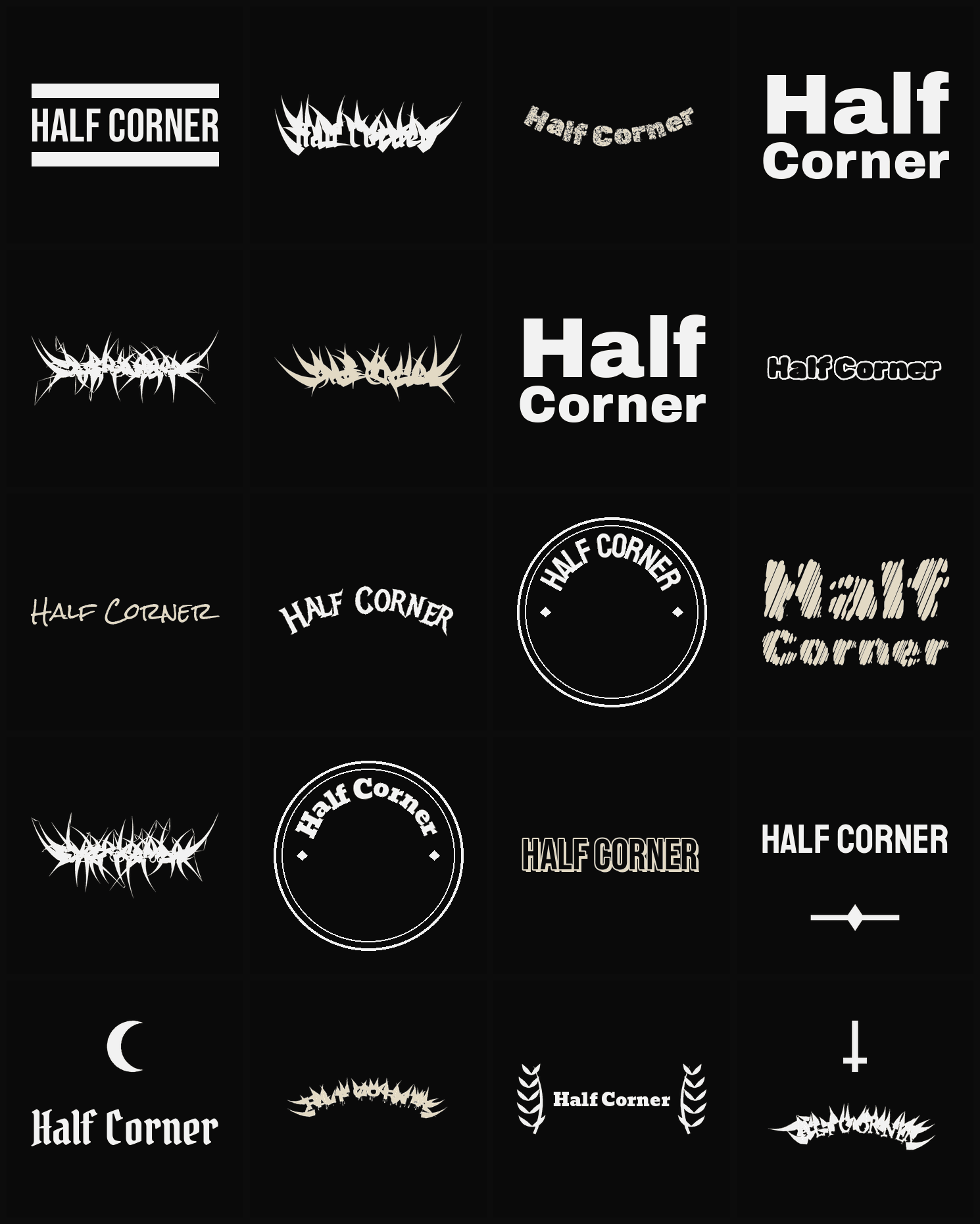 Twenty Half Corner band logo ideas — different faces, treatments and spike settings