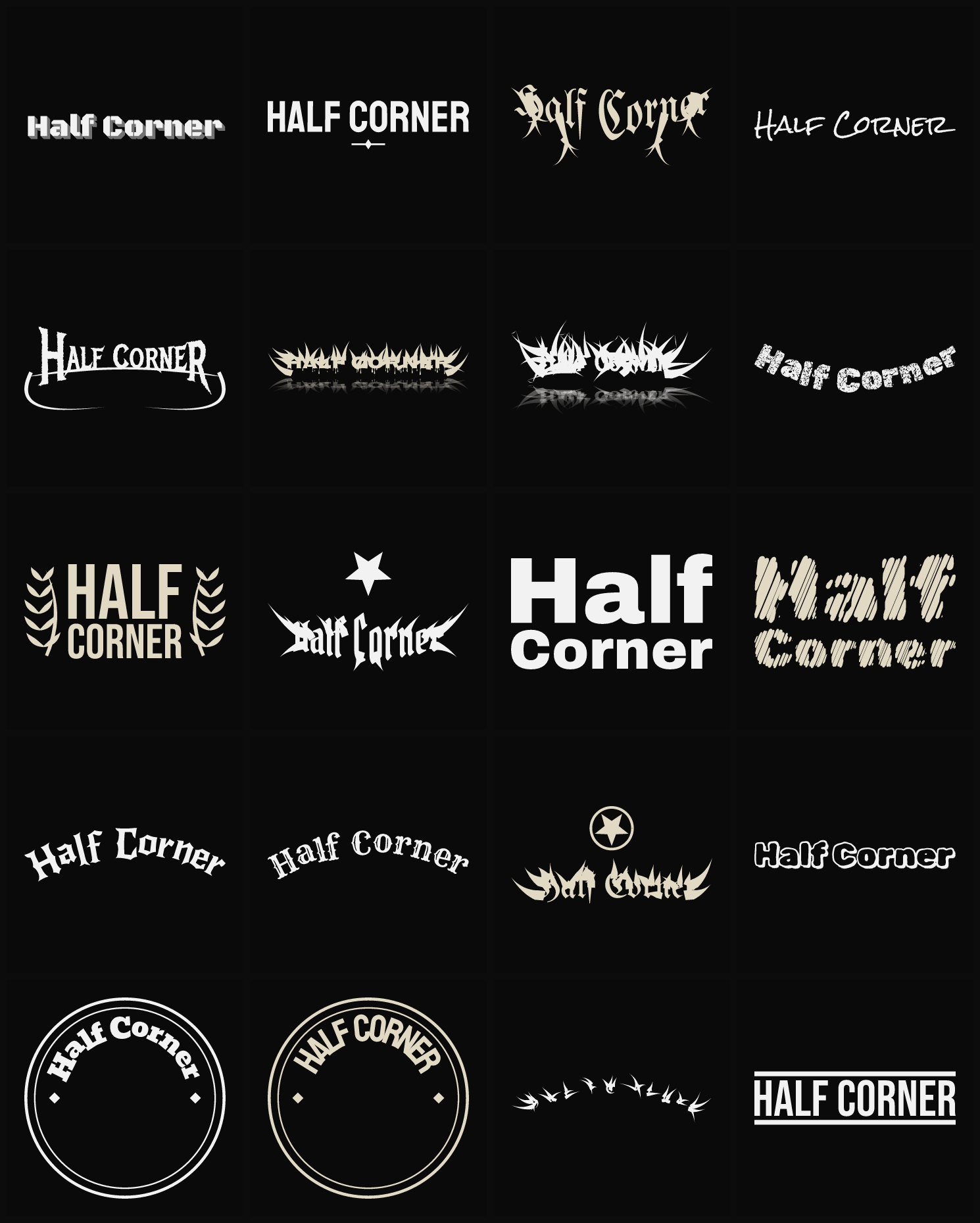 Twenty Half Corner band logo ideas — different faces, treatments and spike settings