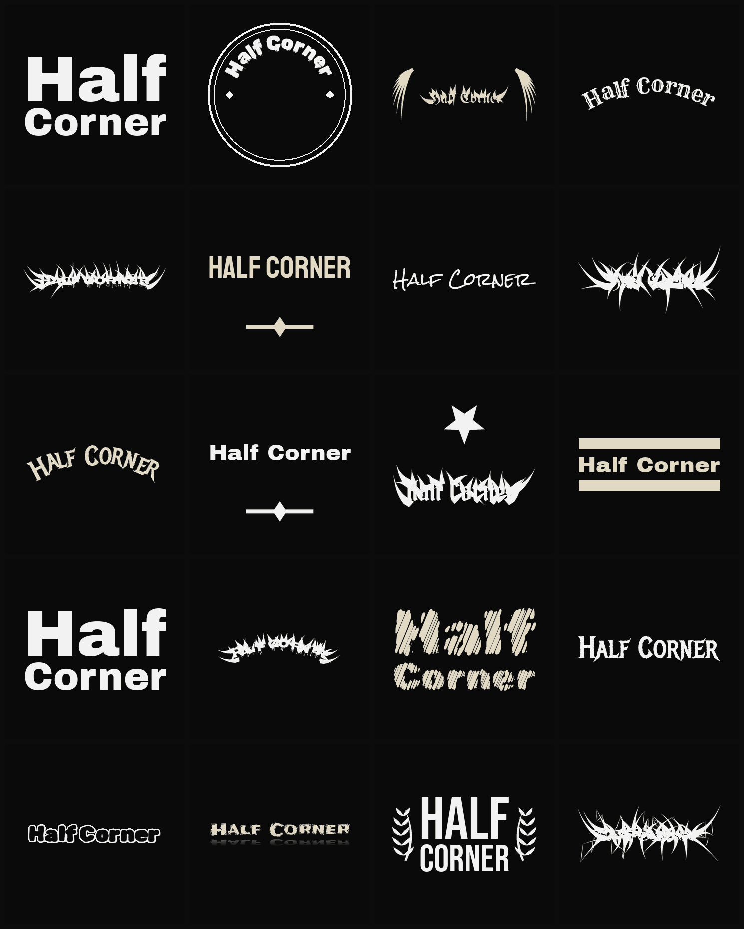 Twenty Half Corner band logo ideas — different faces, treatments and spike settings