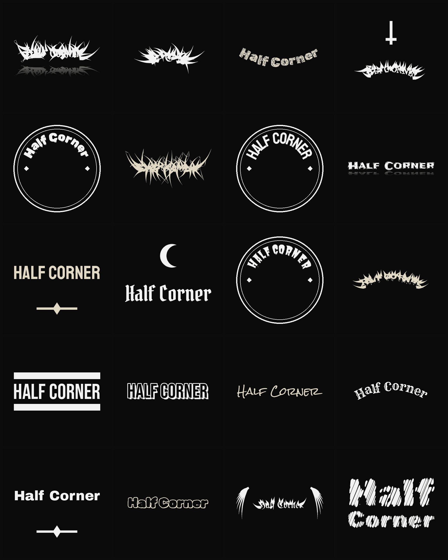 Twenty Half Corner band logo ideas — different faces, treatments and spike settings