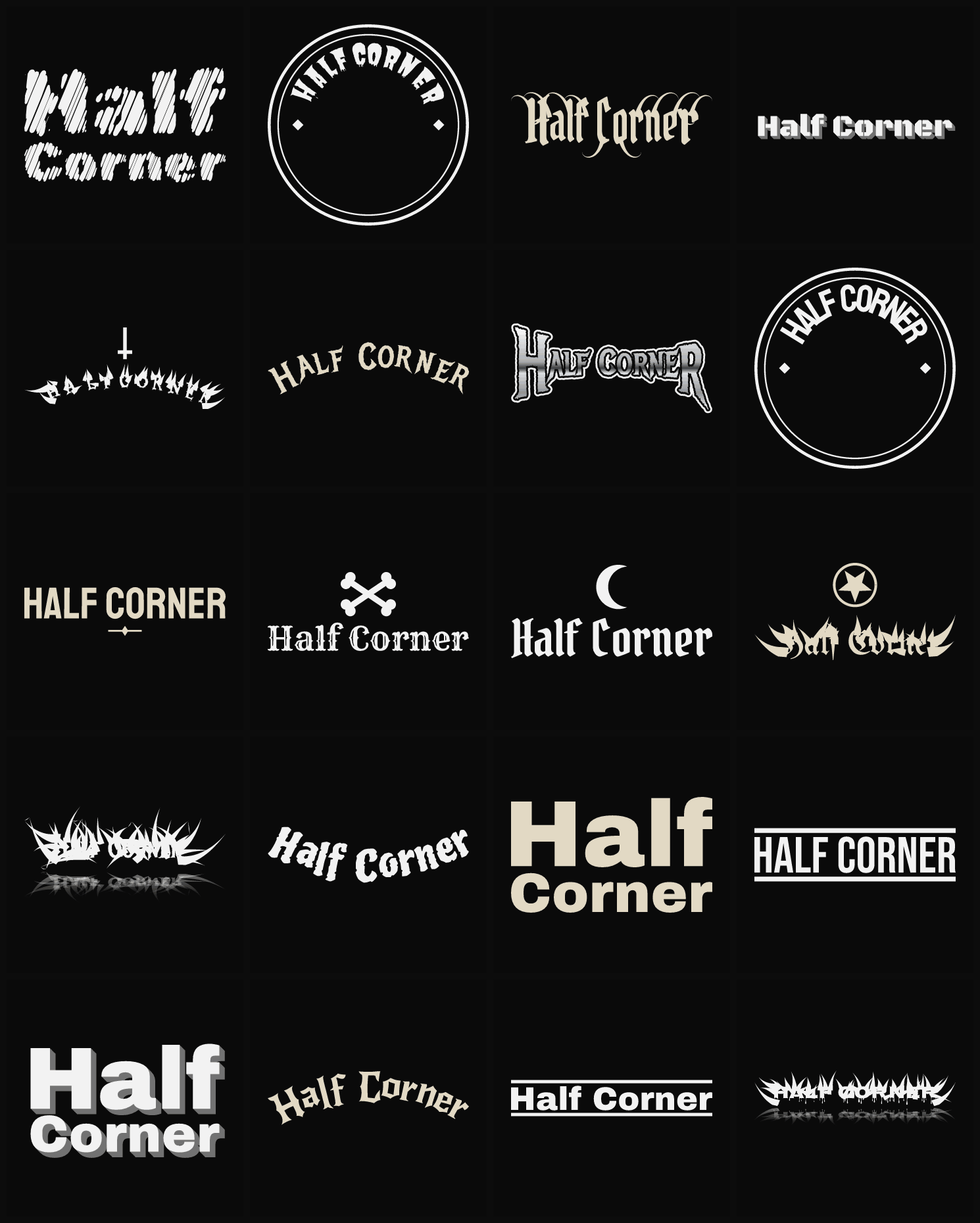 Twenty Half Corner band logo ideas — different faces, treatments and spike settings