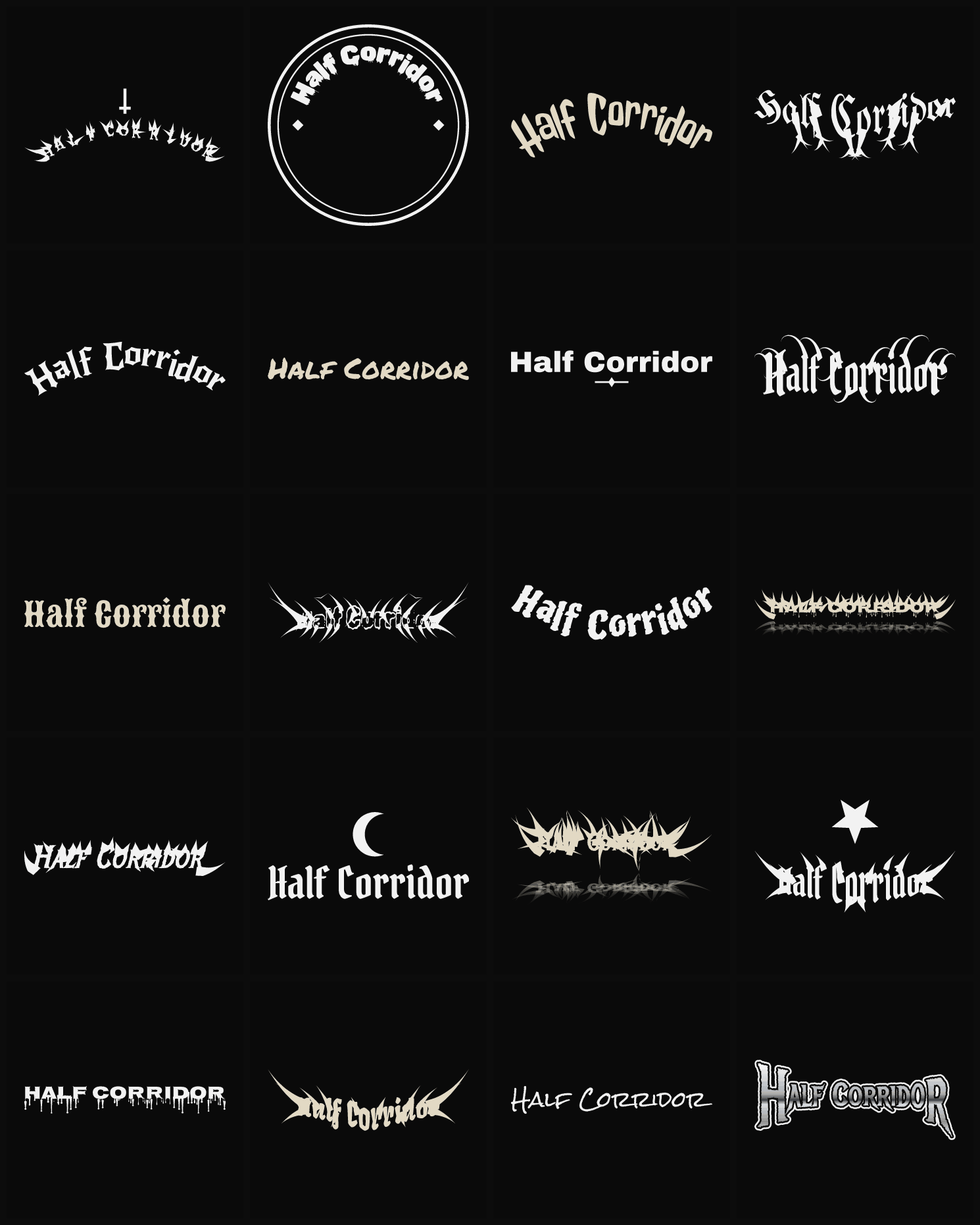 Twenty Half Corridor band logo ideas — different faces, treatments and spike settings