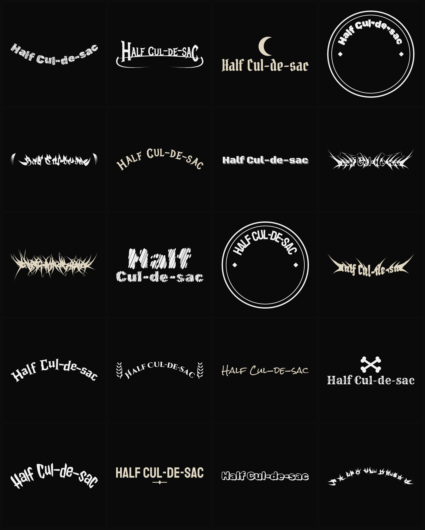 Twenty Half Cul-de-sac band logo ideas — different faces, treatments and spike settings