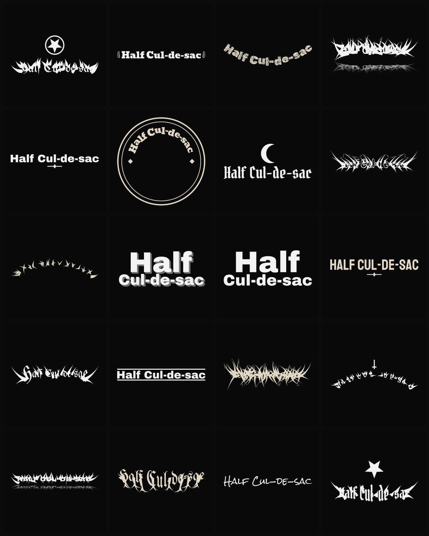 Twenty Half Cul-de-sac band logo ideas — different faces, treatments and spike settings