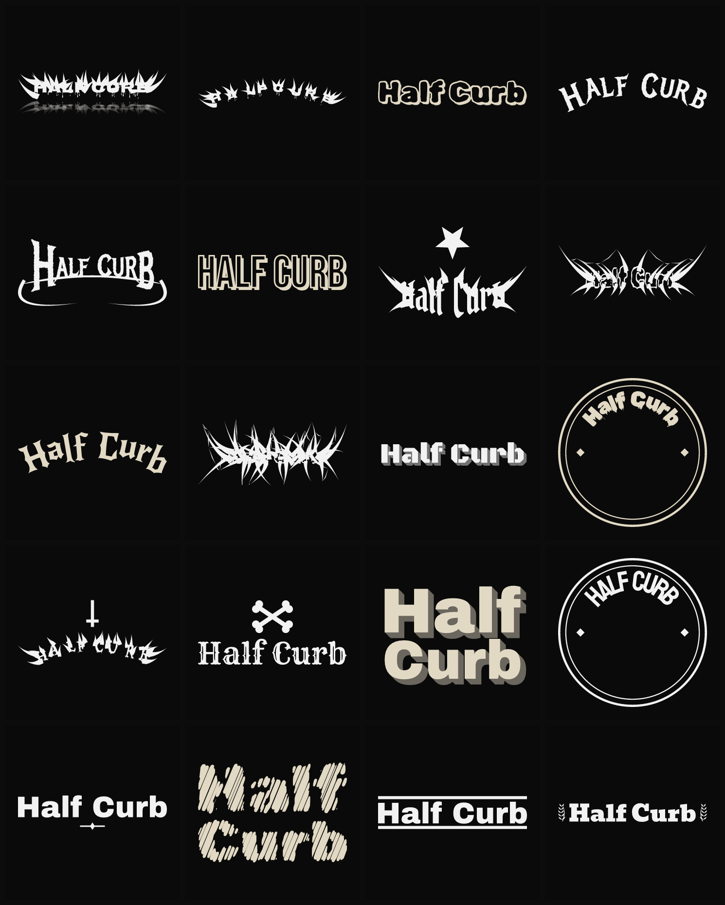Twenty Half Curb band logo ideas — different faces, treatments and spike settings