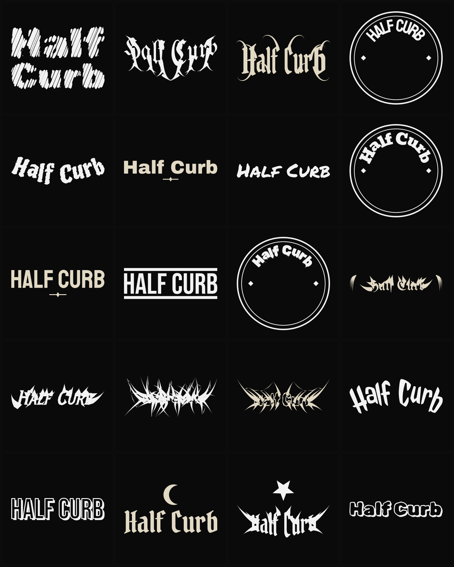 Twenty Half Curb band logo ideas — different faces, treatments and spike settings