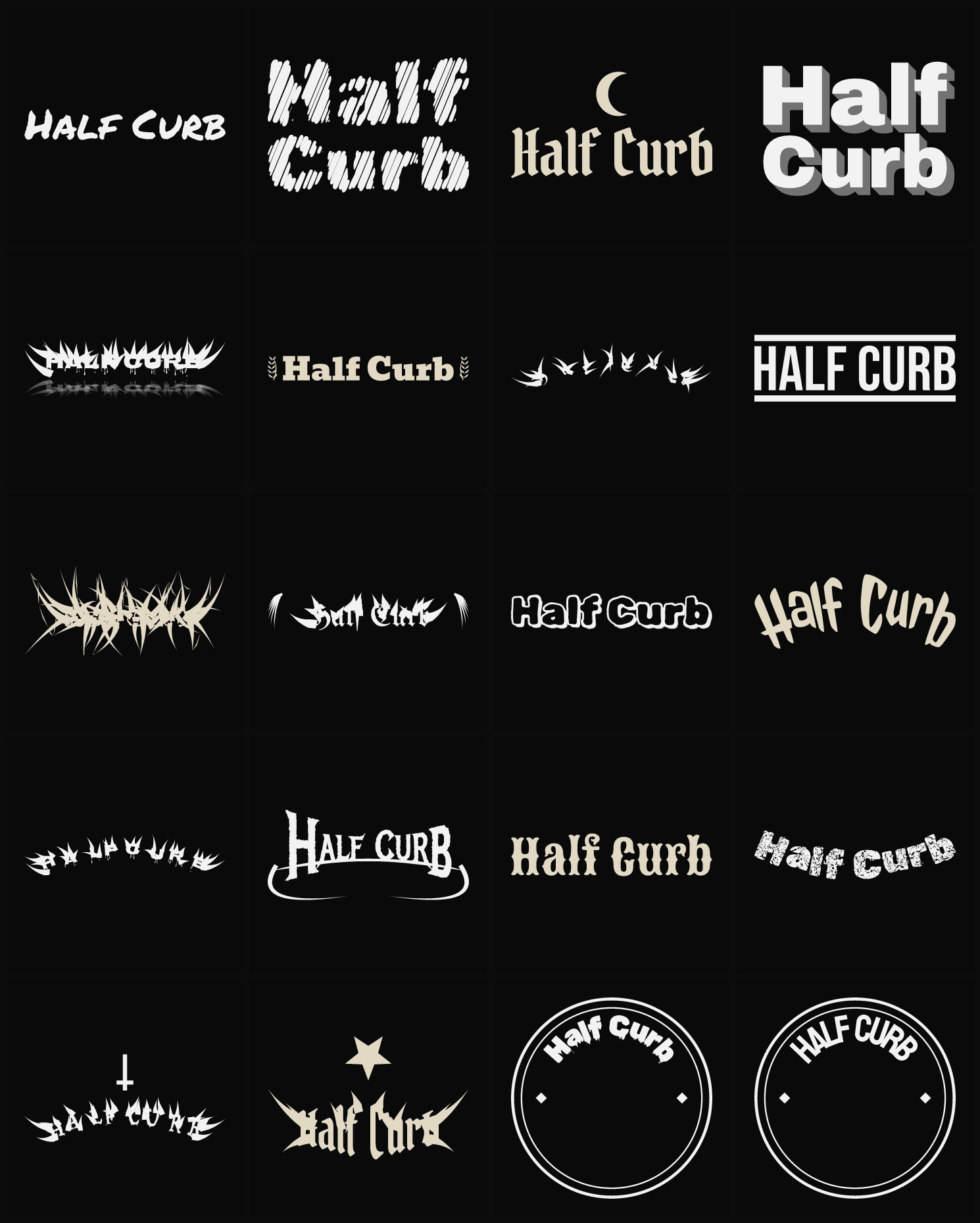 Twenty Half Curb band logo ideas — different faces, treatments and spike settings