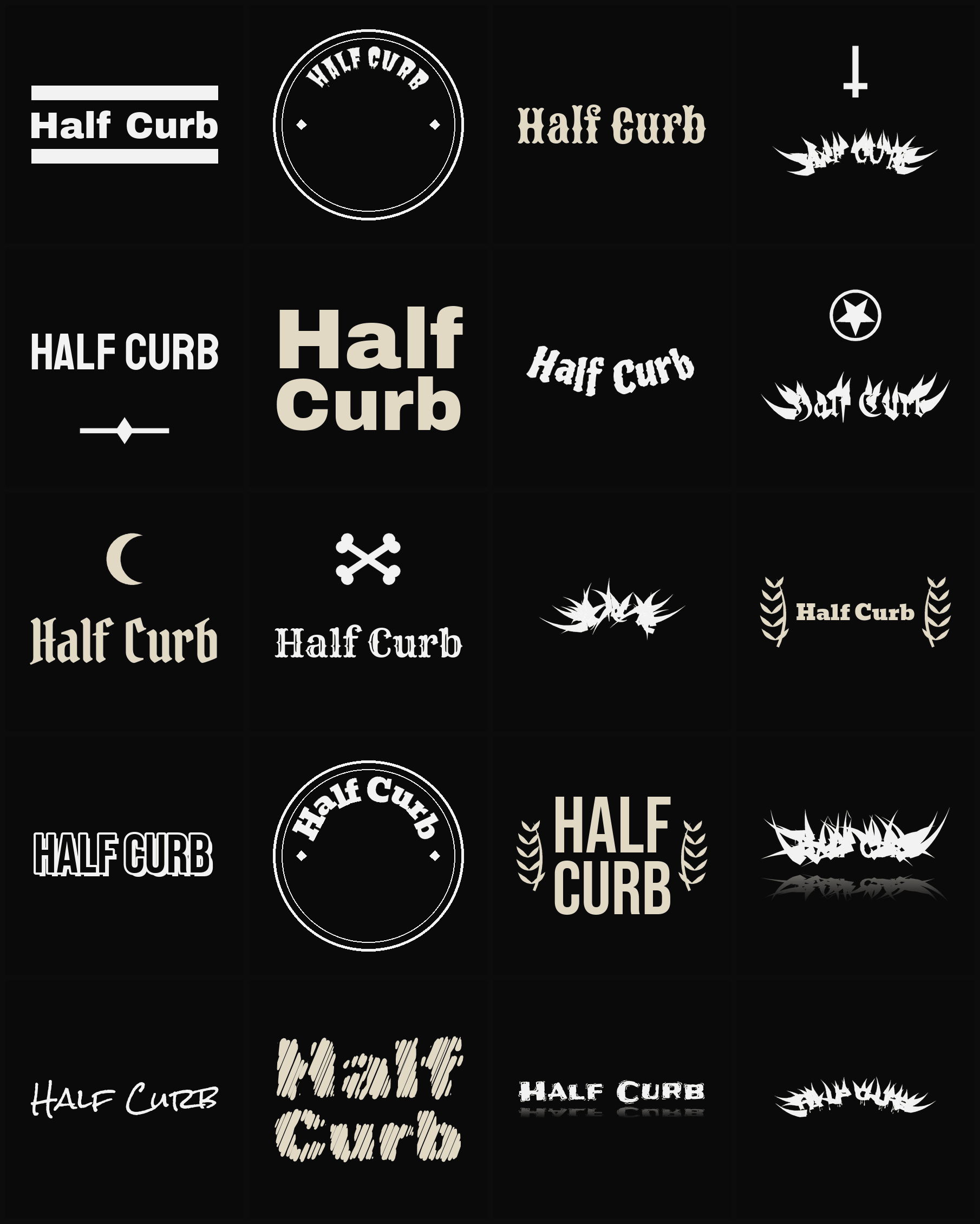Twenty Half Curb band logo ideas — different faces, treatments and spike settings