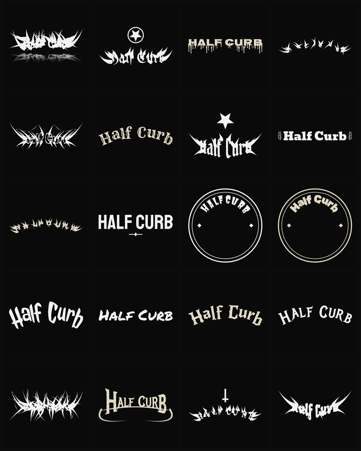 Twenty Half Curb band logo ideas — different faces, treatments and spike settings