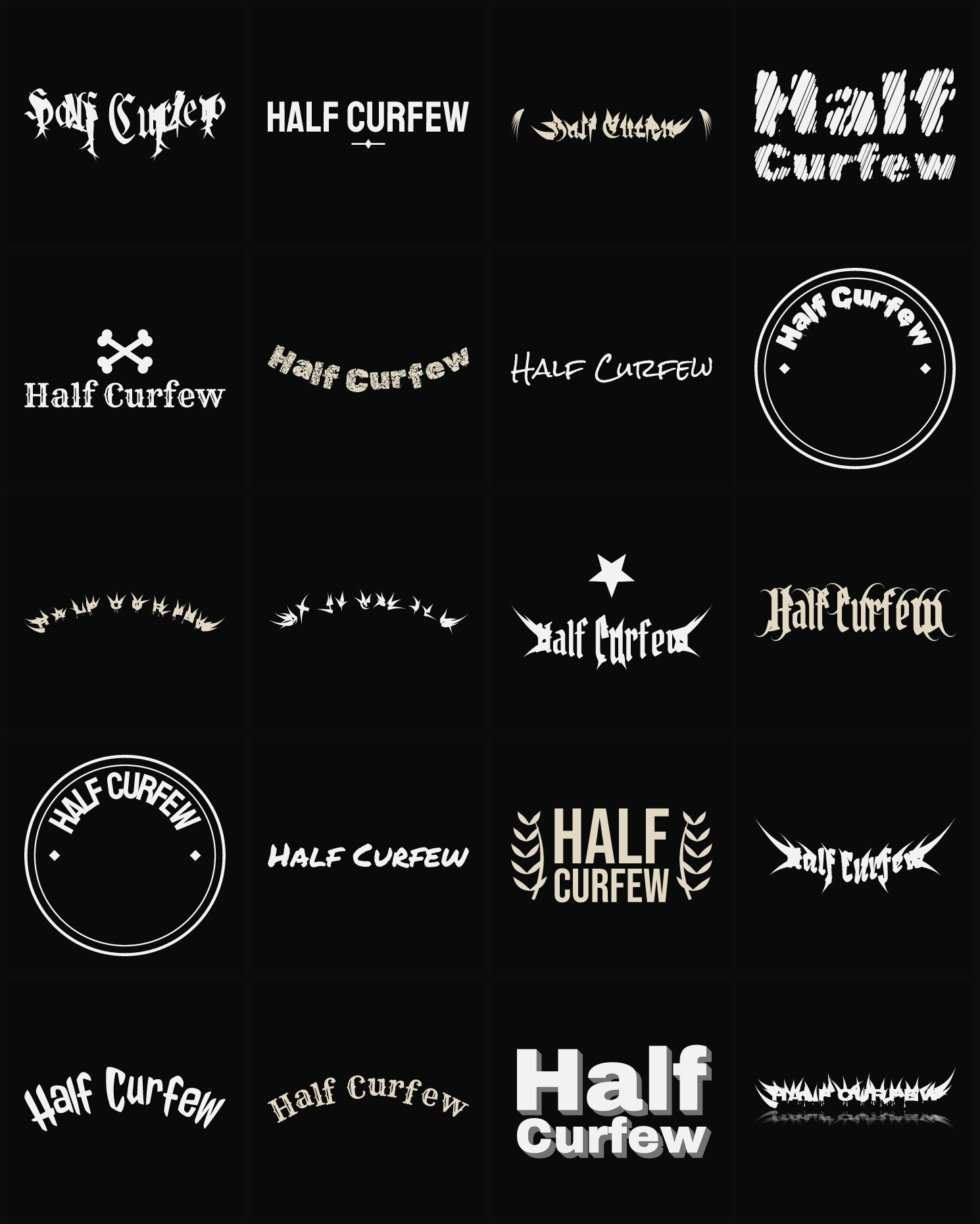 Twenty Half Curfew band logo ideas — different faces, treatments and spike settings
