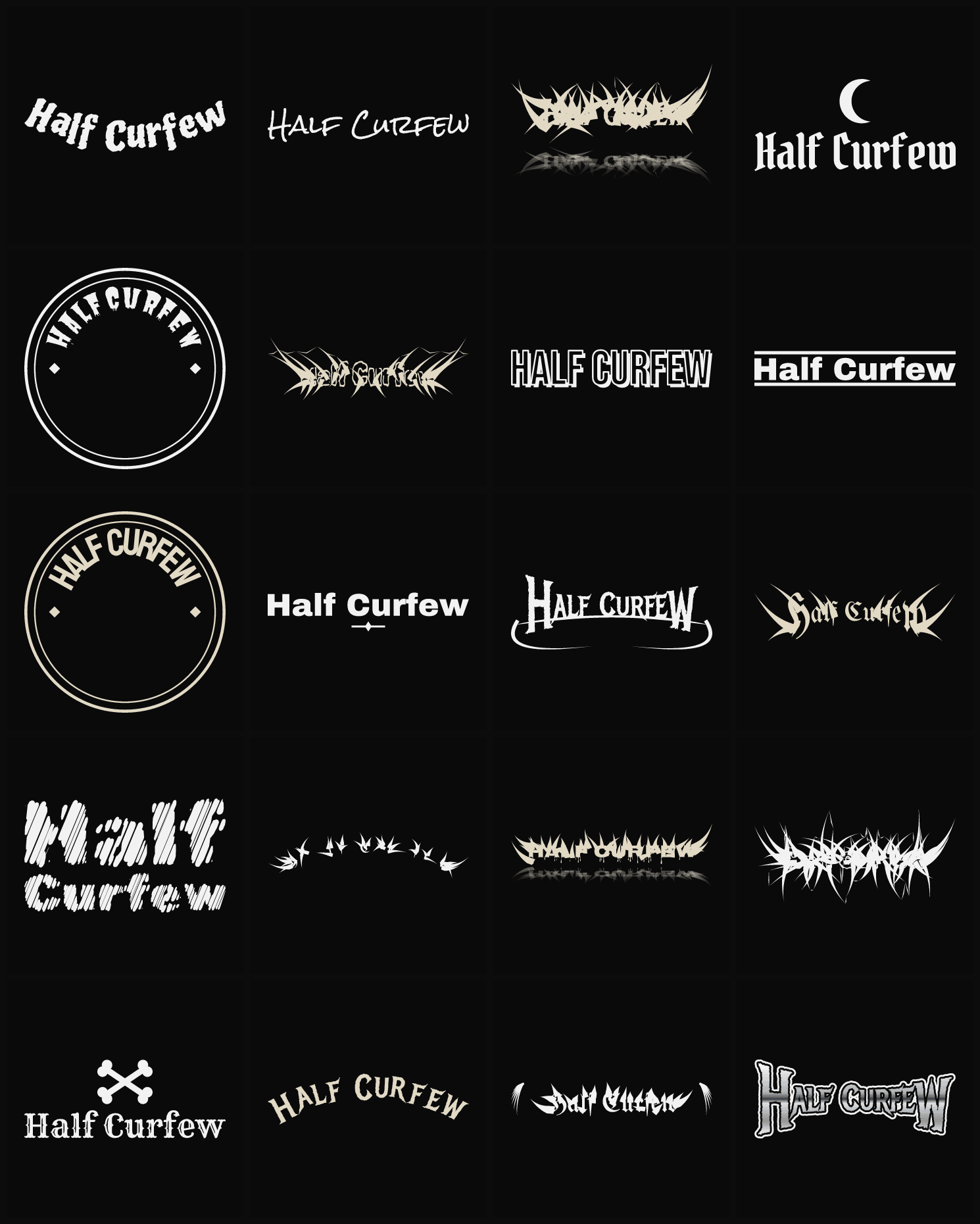 Twenty Half Curfew band logo ideas — different faces, treatments and spike settings