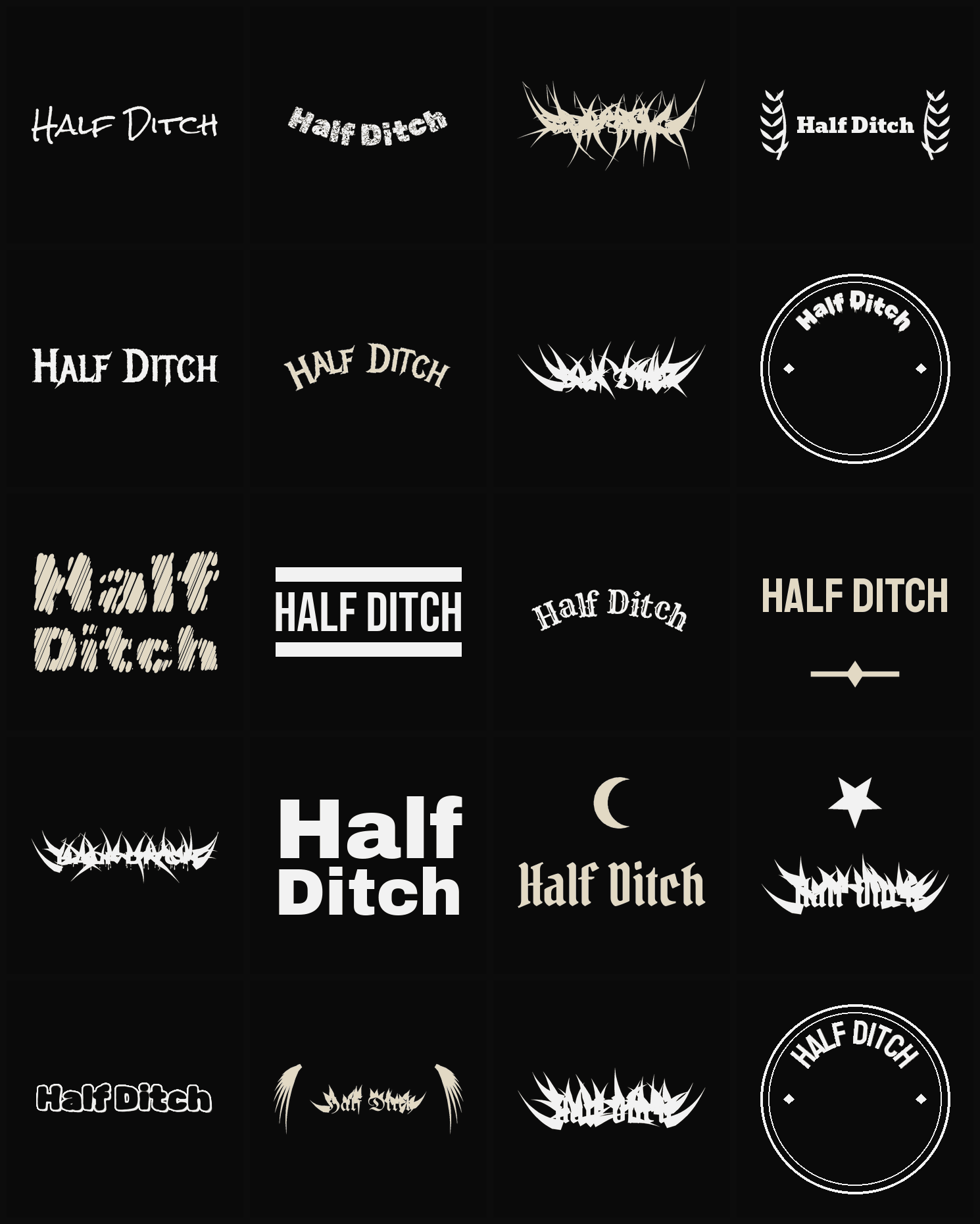 Twenty Half Ditch band logo ideas — different faces, treatments and spike settings