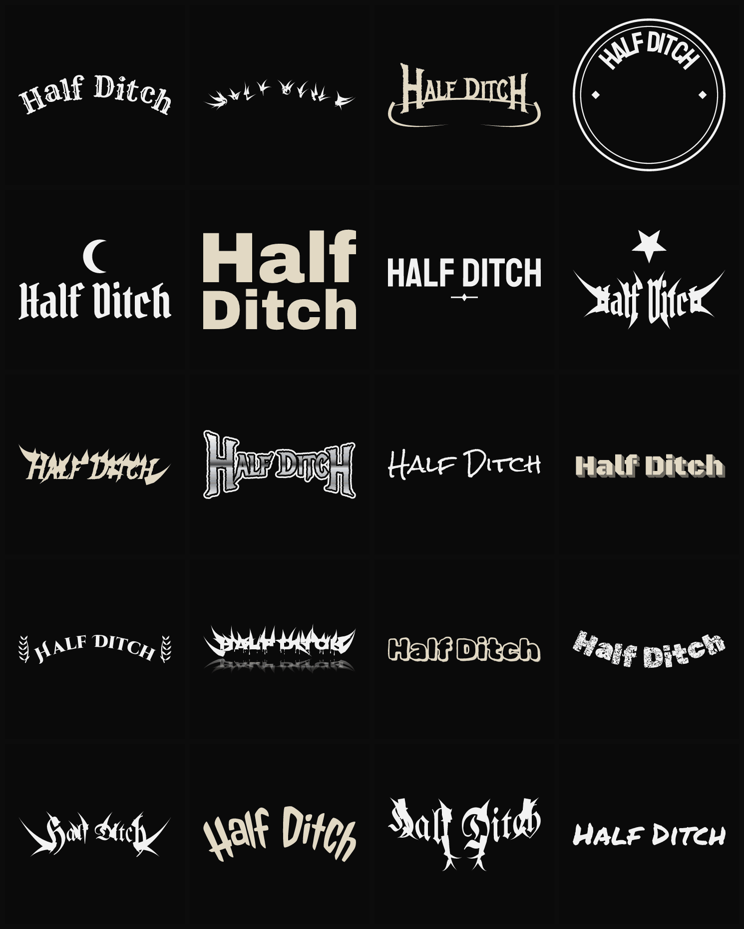 Twenty Half Ditch band logo ideas — different faces, treatments and spike settings