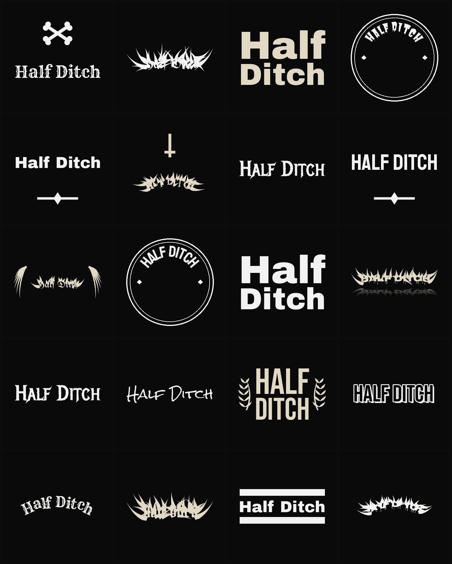 Twenty Half Ditch band logo ideas — different faces, treatments and spike settings