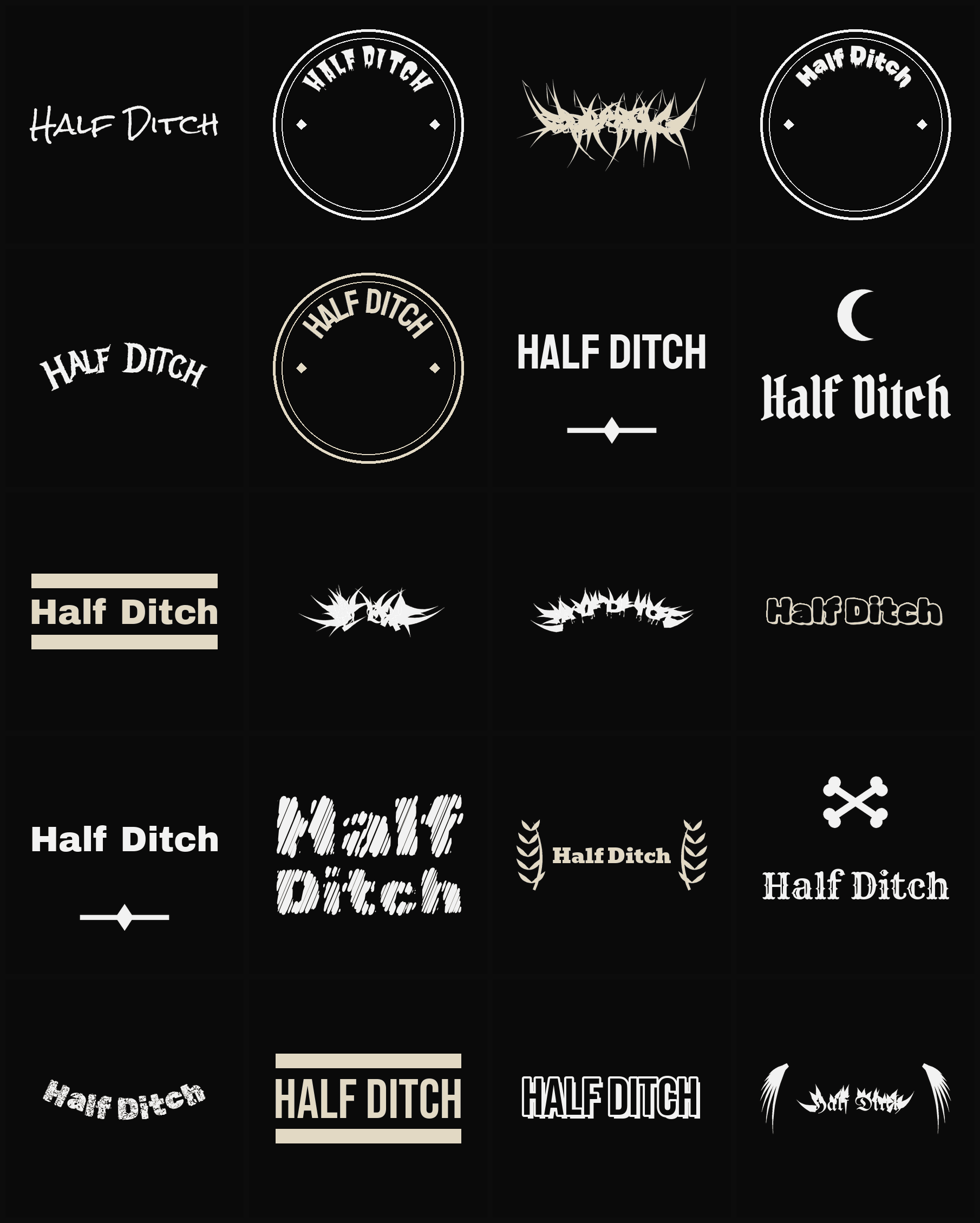 Twenty Half Ditch band logo ideas — different faces, treatments and spike settings