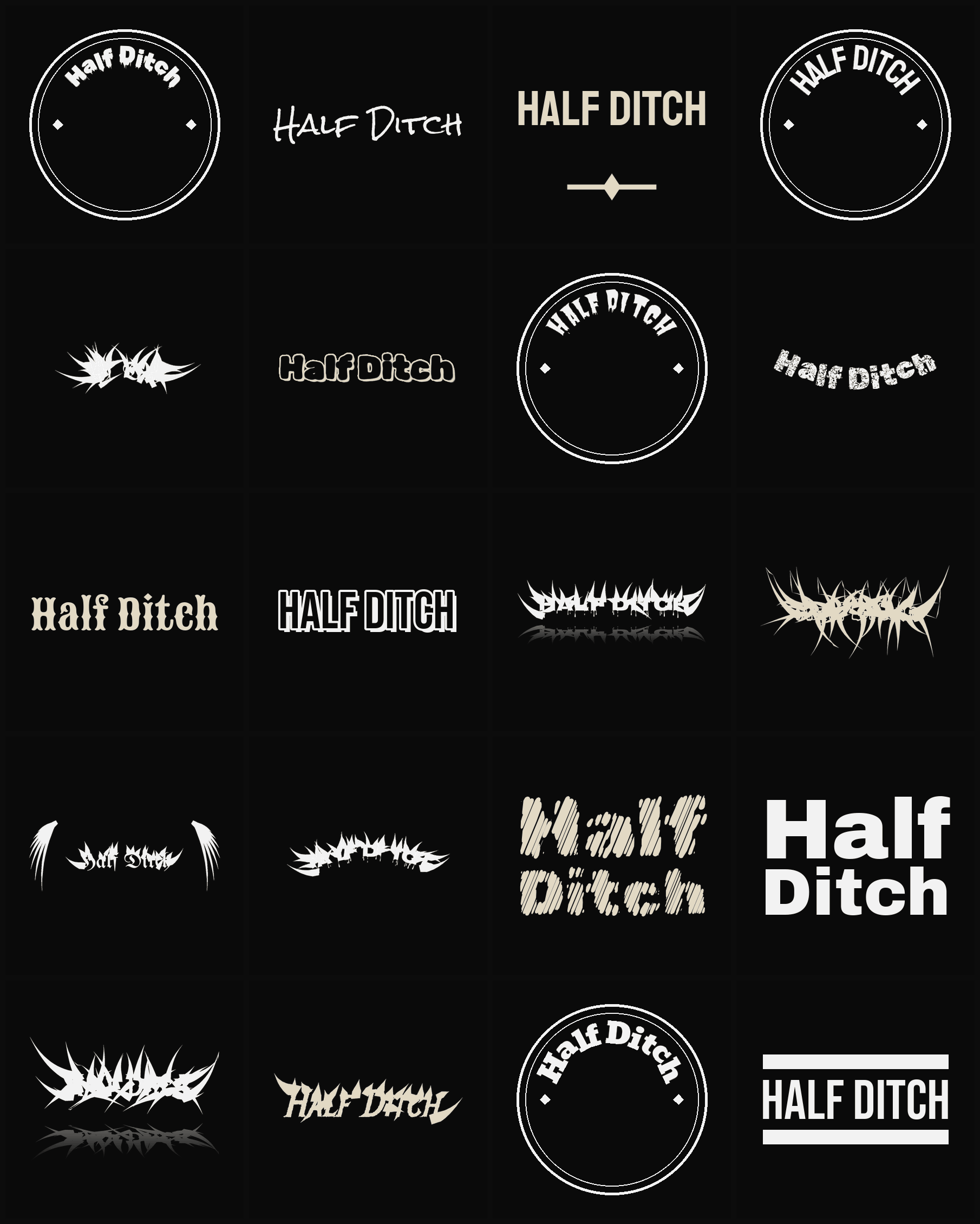 Twenty Half Ditch band logo ideas — different faces, treatments and spike settings