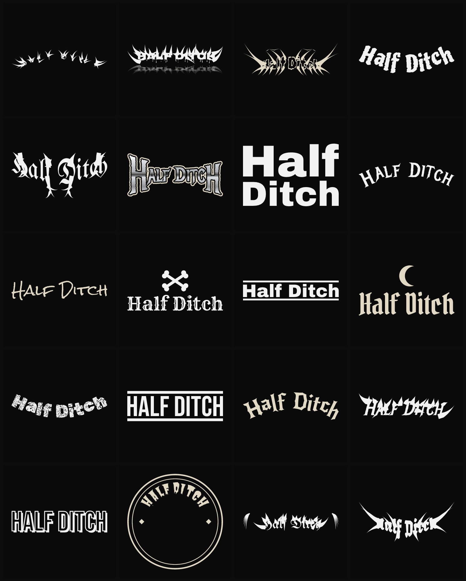 Twenty Half Ditch band logo ideas — different faces, treatments and spike settings
