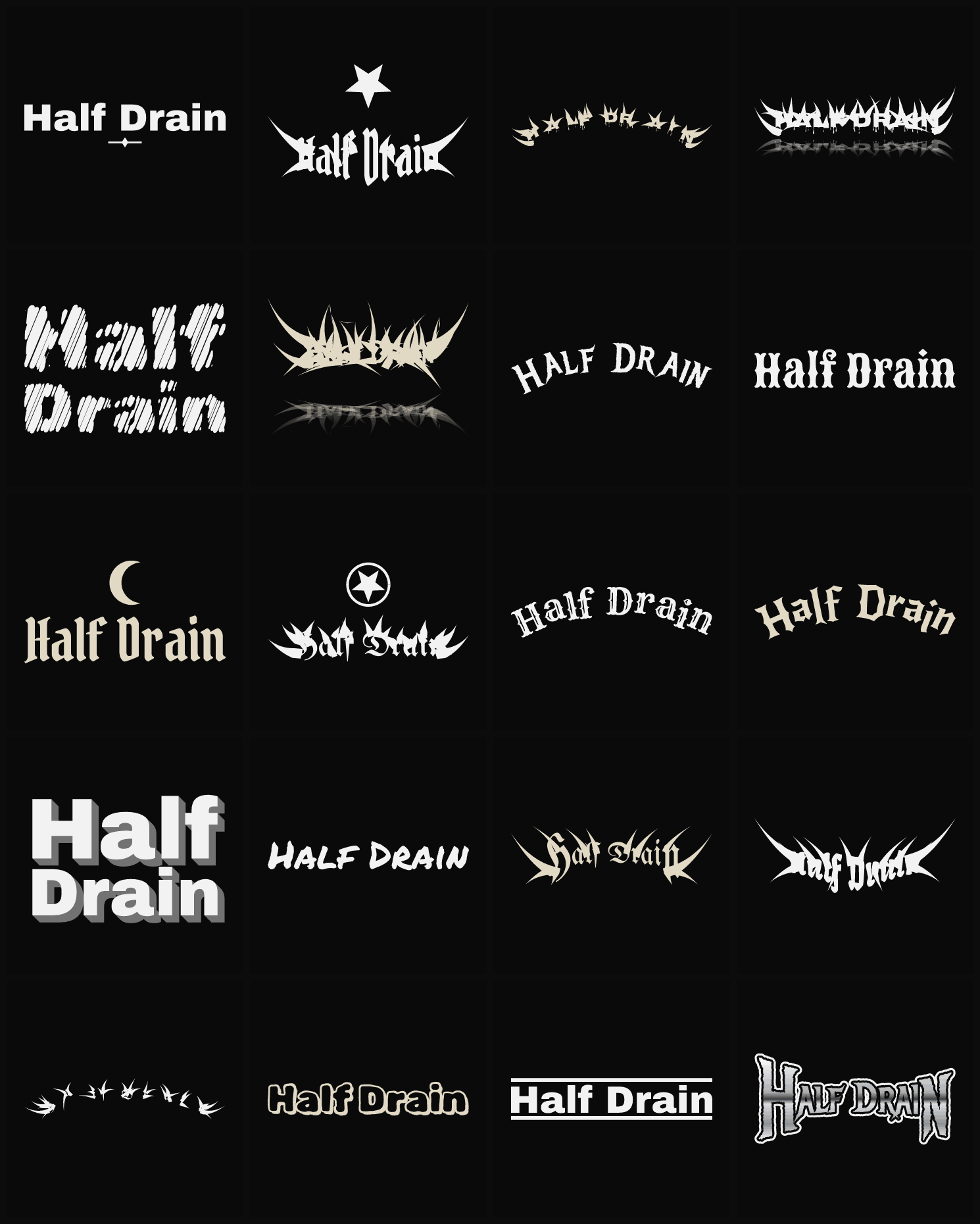 Twenty Half Drain band logo ideas — different faces, treatments and spike settings