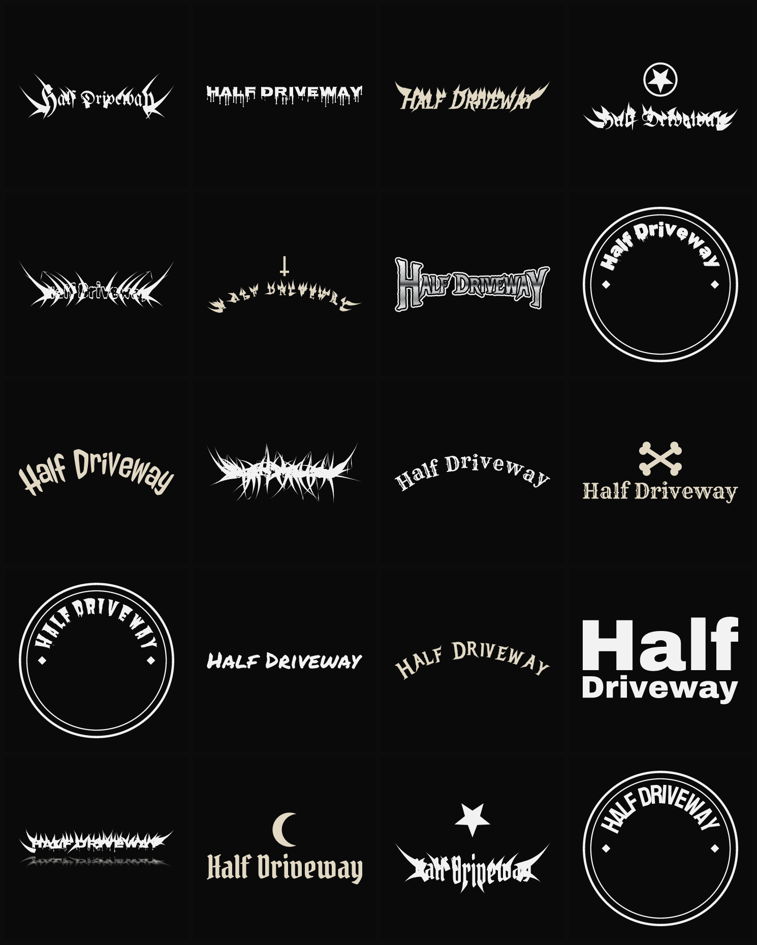Twenty Half Driveway band logo ideas — different faces, treatments and spike settings