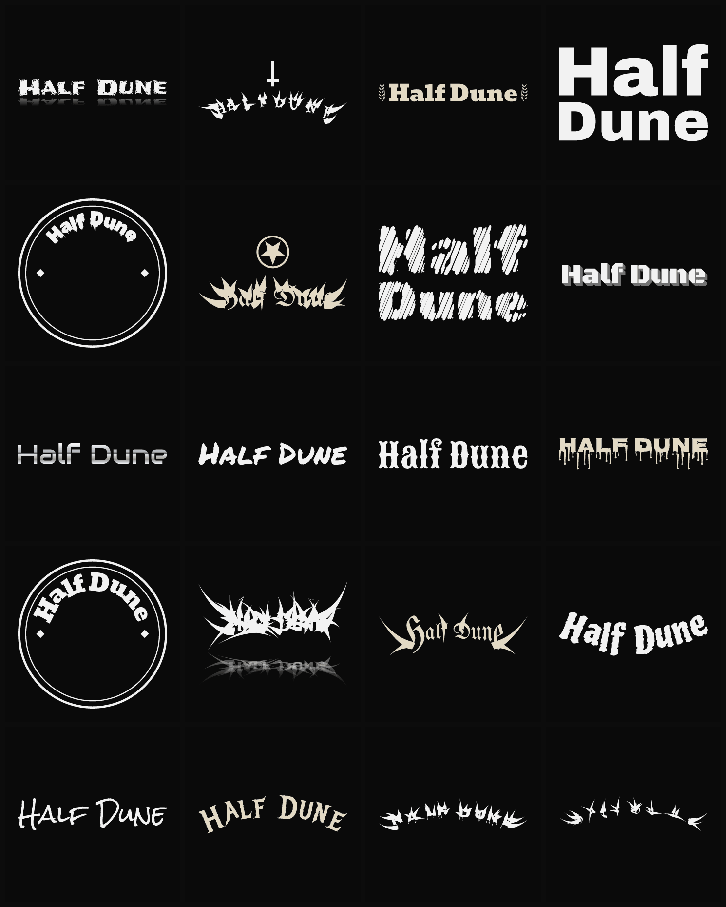 Twenty Half Dune band logo ideas — different faces, treatments and spike settings