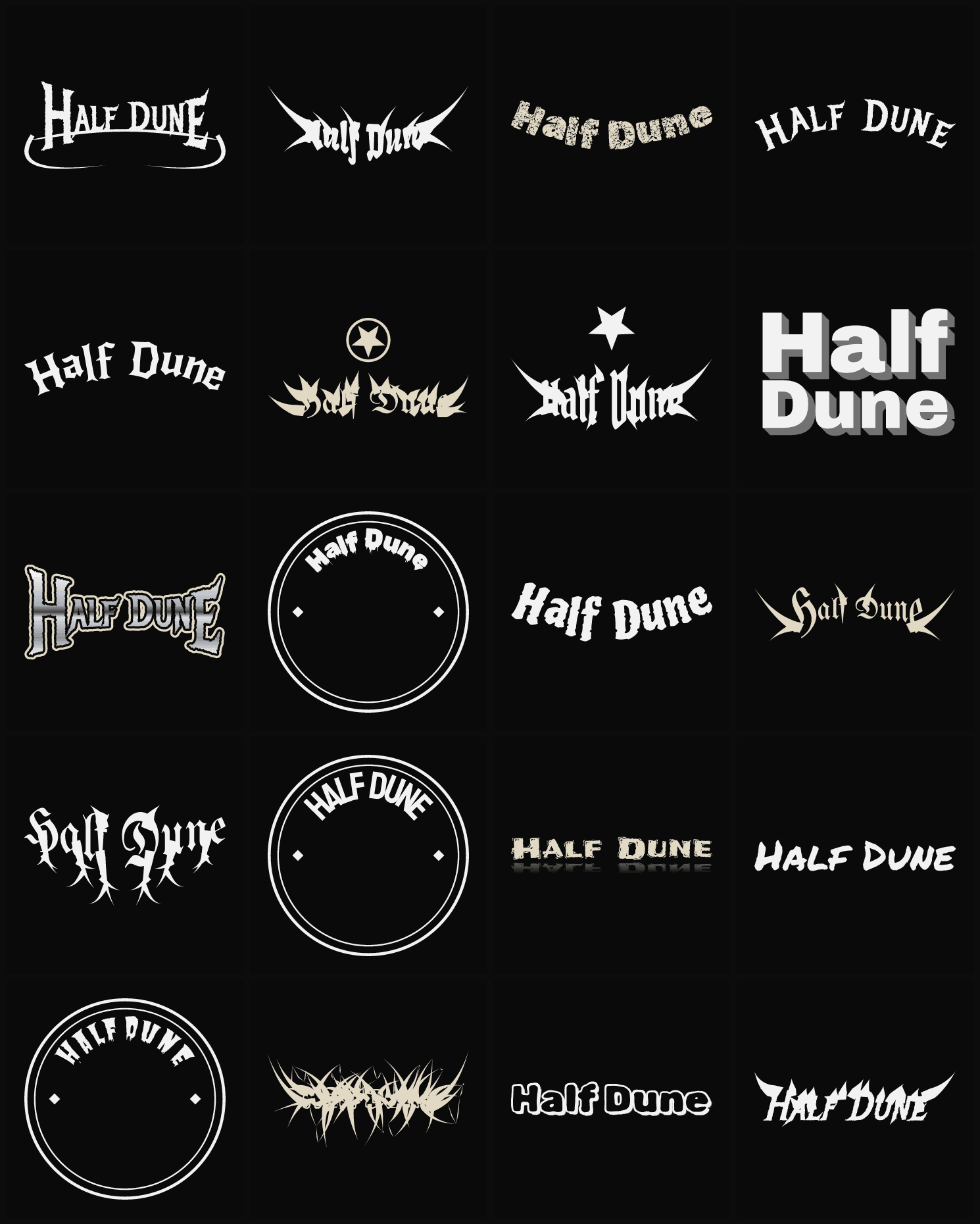 Twenty Half Dune band logo ideas — different faces, treatments and spike settings