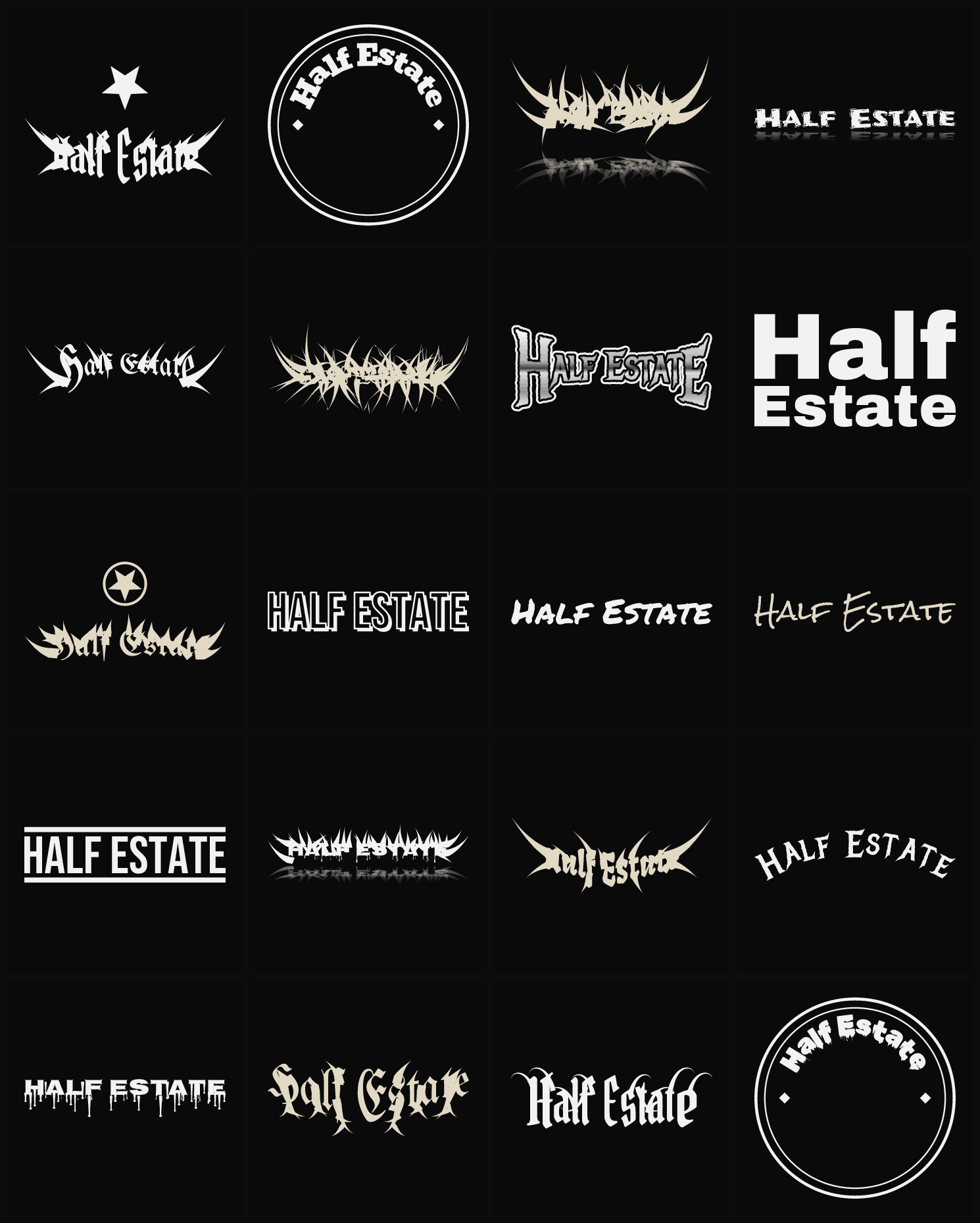 Twenty Half Estate band logo ideas — different faces, treatments and spike settings