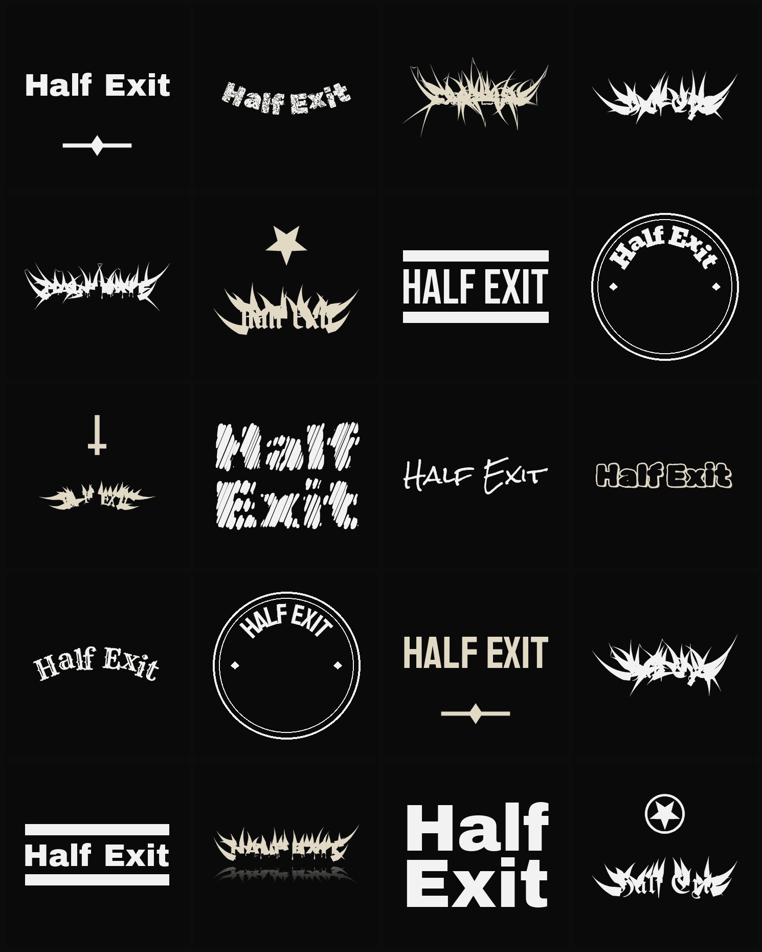 Twenty Half Exit band logo ideas — different faces, treatments and spike settings