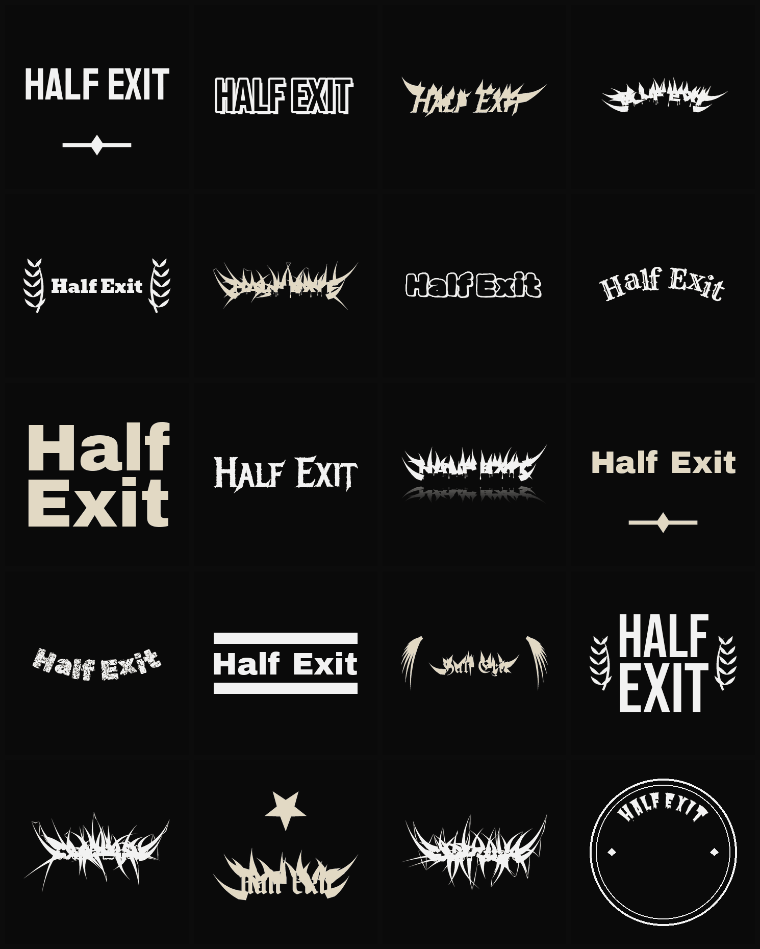 Twenty Half Exit band logo ideas — different faces, treatments and spike settings