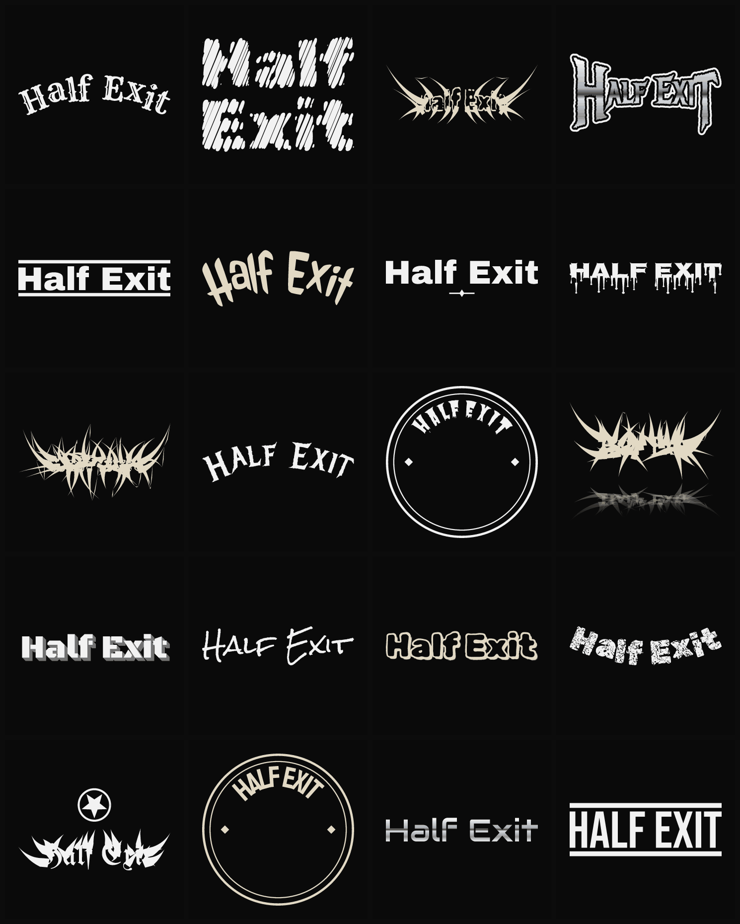 Twenty Half Exit band logo ideas — different faces, treatments and spike settings
