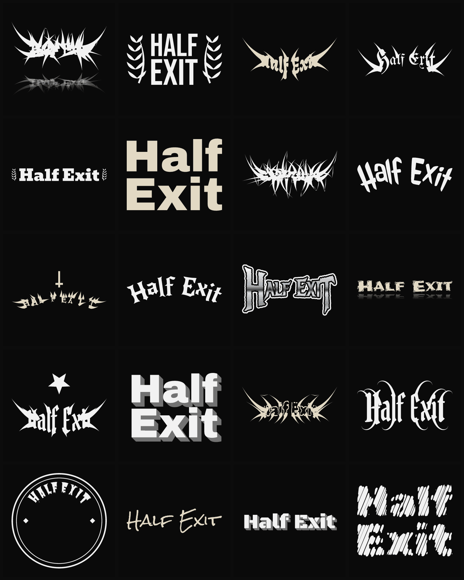 Twenty Half Exit band logo ideas — different faces, treatments and spike settings