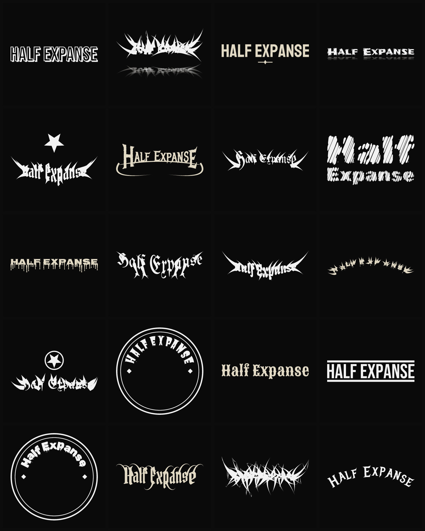 Twenty Half Expanse band logo ideas — different faces, treatments and spike settings