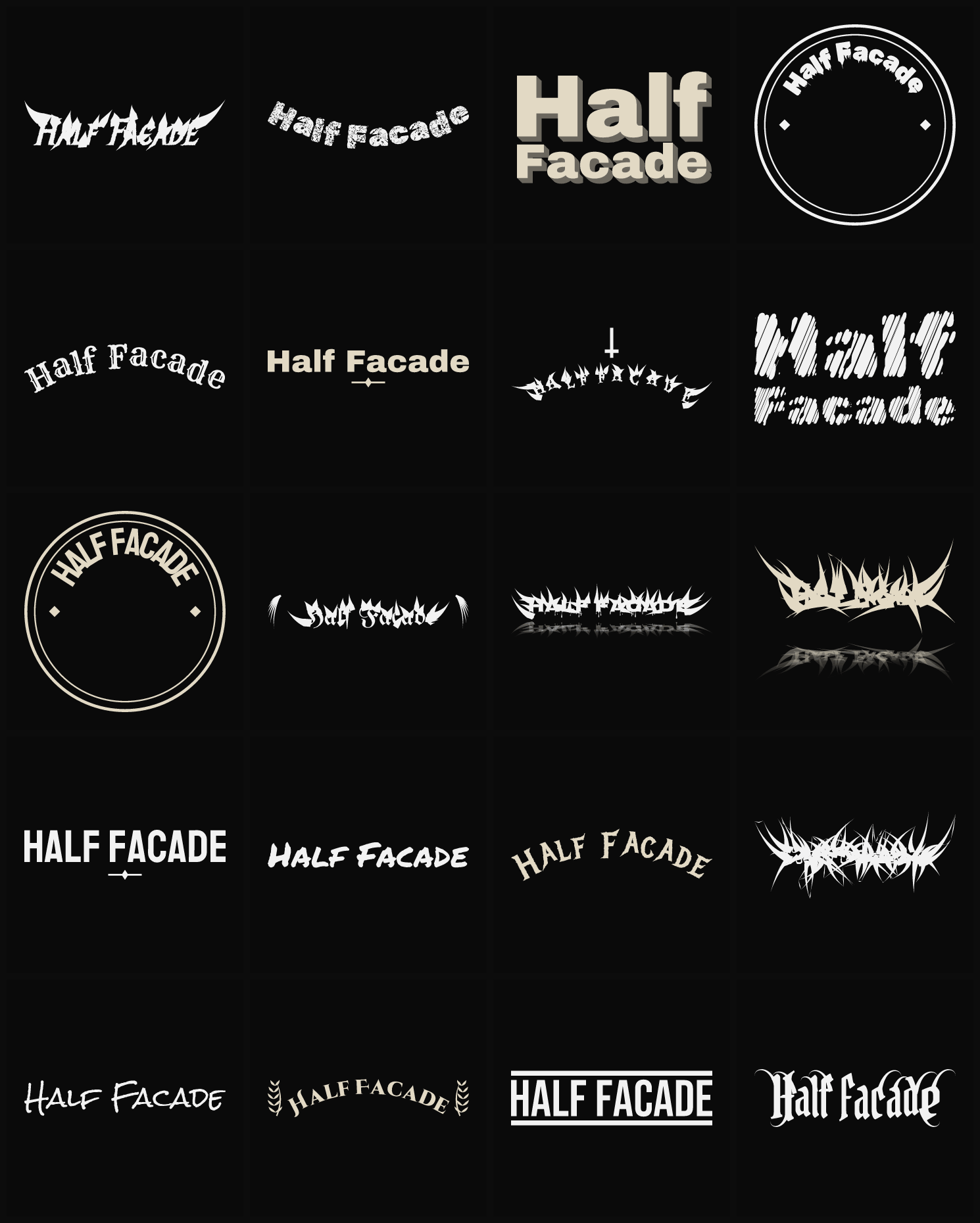 Twenty Half Facade band logo ideas — different faces, treatments and spike settings