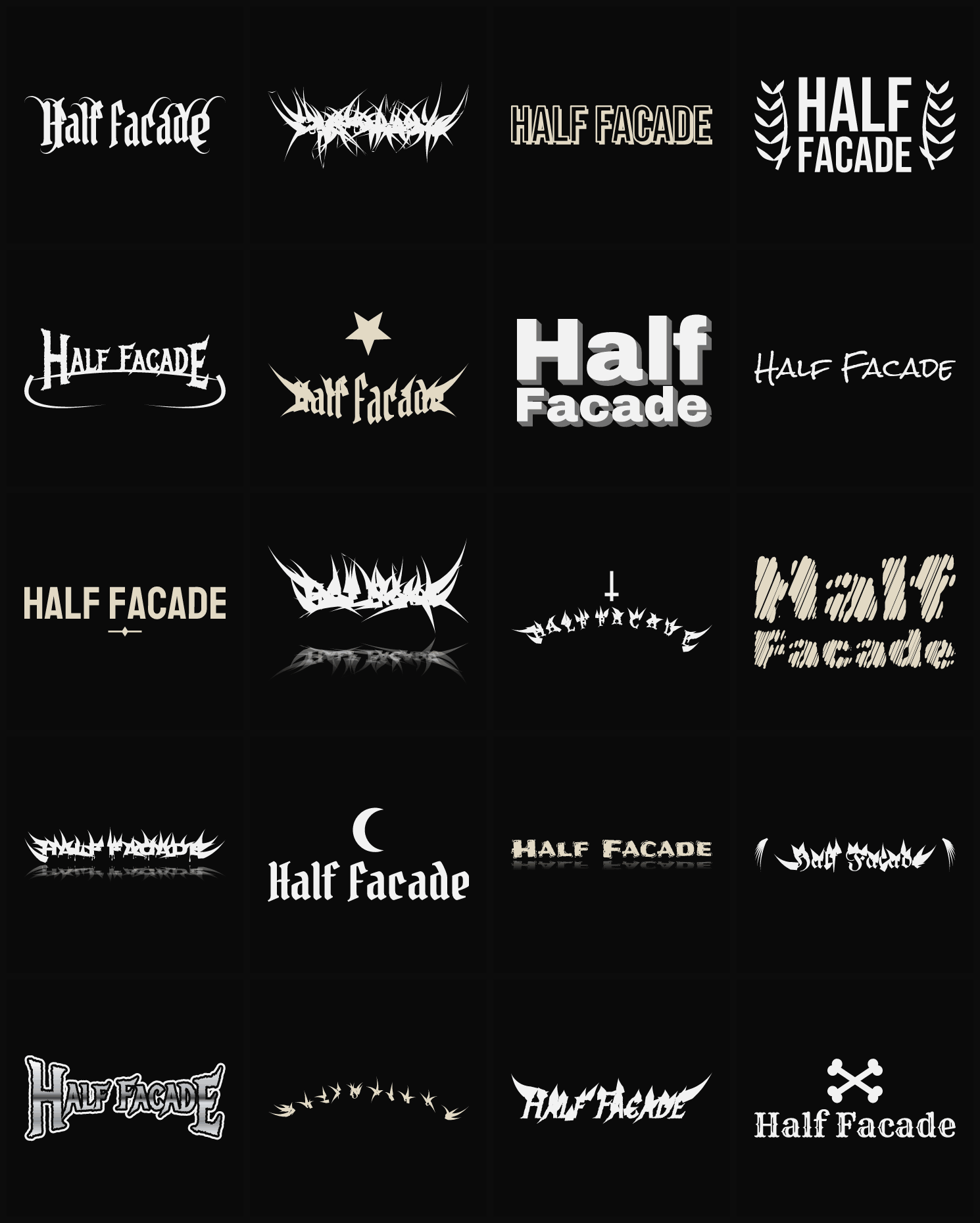 Twenty Half Facade band logo ideas — different faces, treatments and spike settings