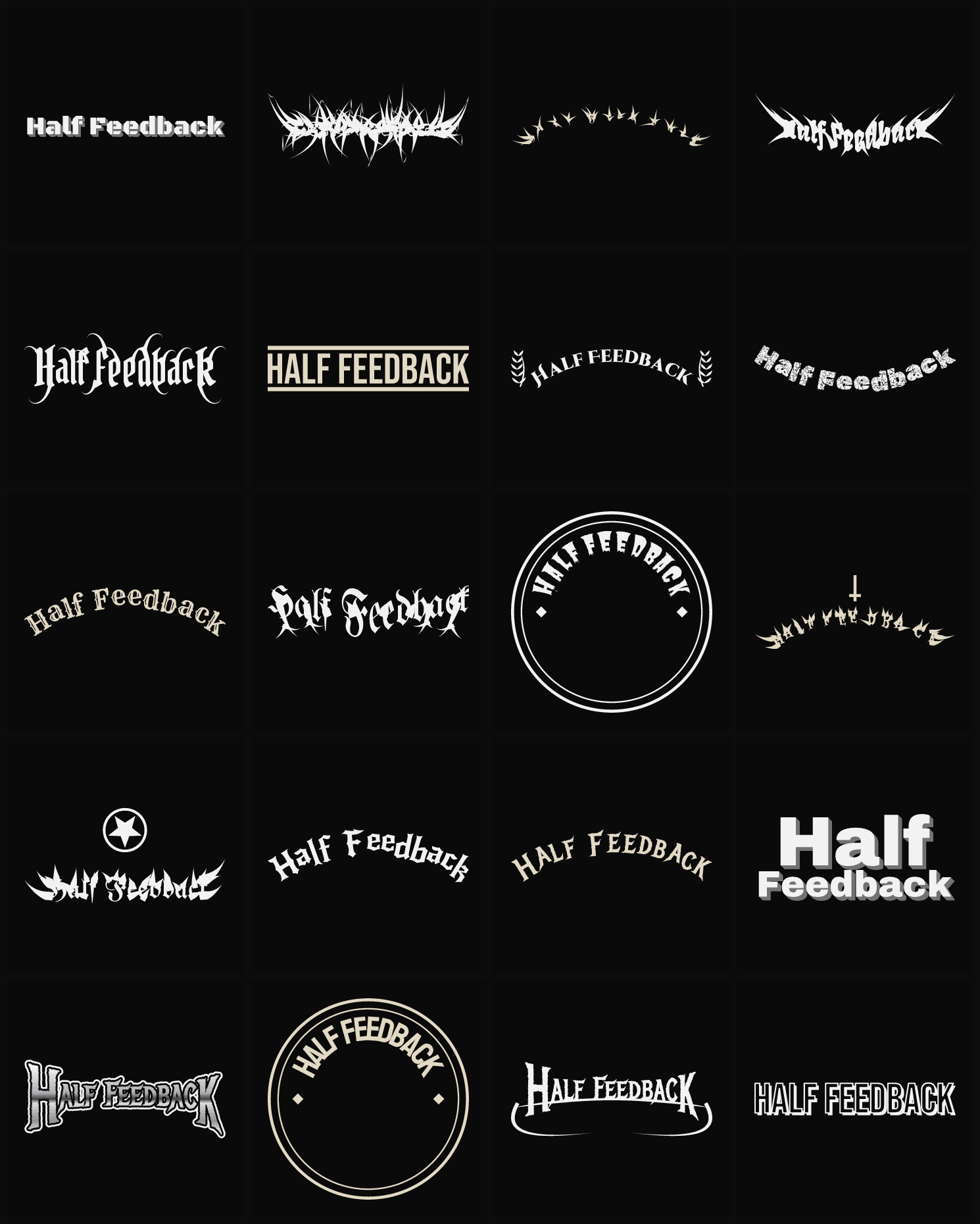 Twenty Half Feedback band logo ideas — different faces, treatments and spike settings